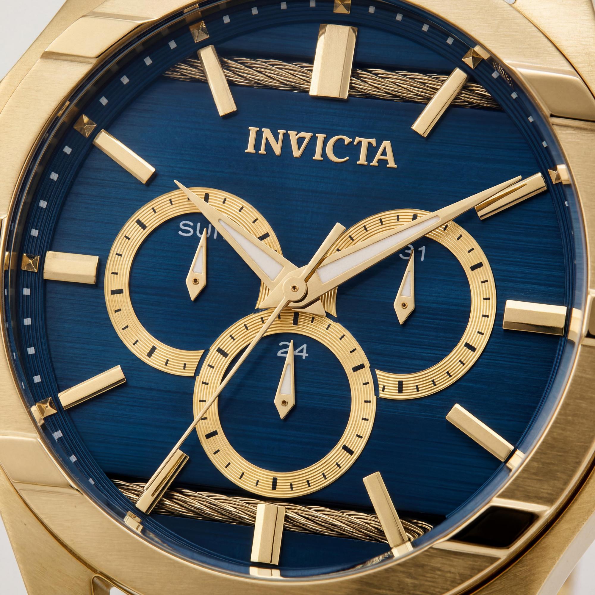 Reloj Invicta para hombre, de acero inoxidable en tono dorado, esfera azul, resistente al agua, día, fecha, 24 horas, 48 ​​mm, Photo 2
