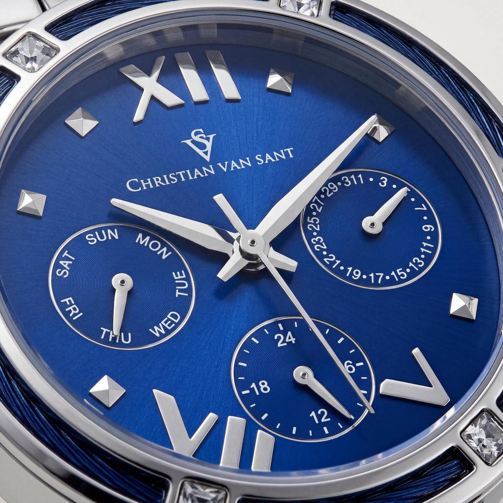 Reloj de pulsera Christian Van Sant para mujer, caja de acero inoxidable, brazalete de acero inoxidable, esfera azul, cronógrafo, movimiento de cuarzo