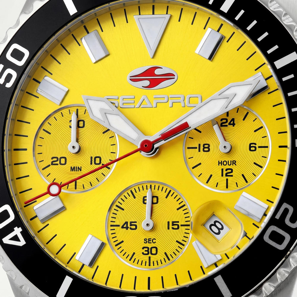 Reloj Seapro para hombre con cronógrafo de cuarzo, esfera amarilla, acero inoxidable, mineral resistente a arañazos, resistente al agua hasta 200 m.