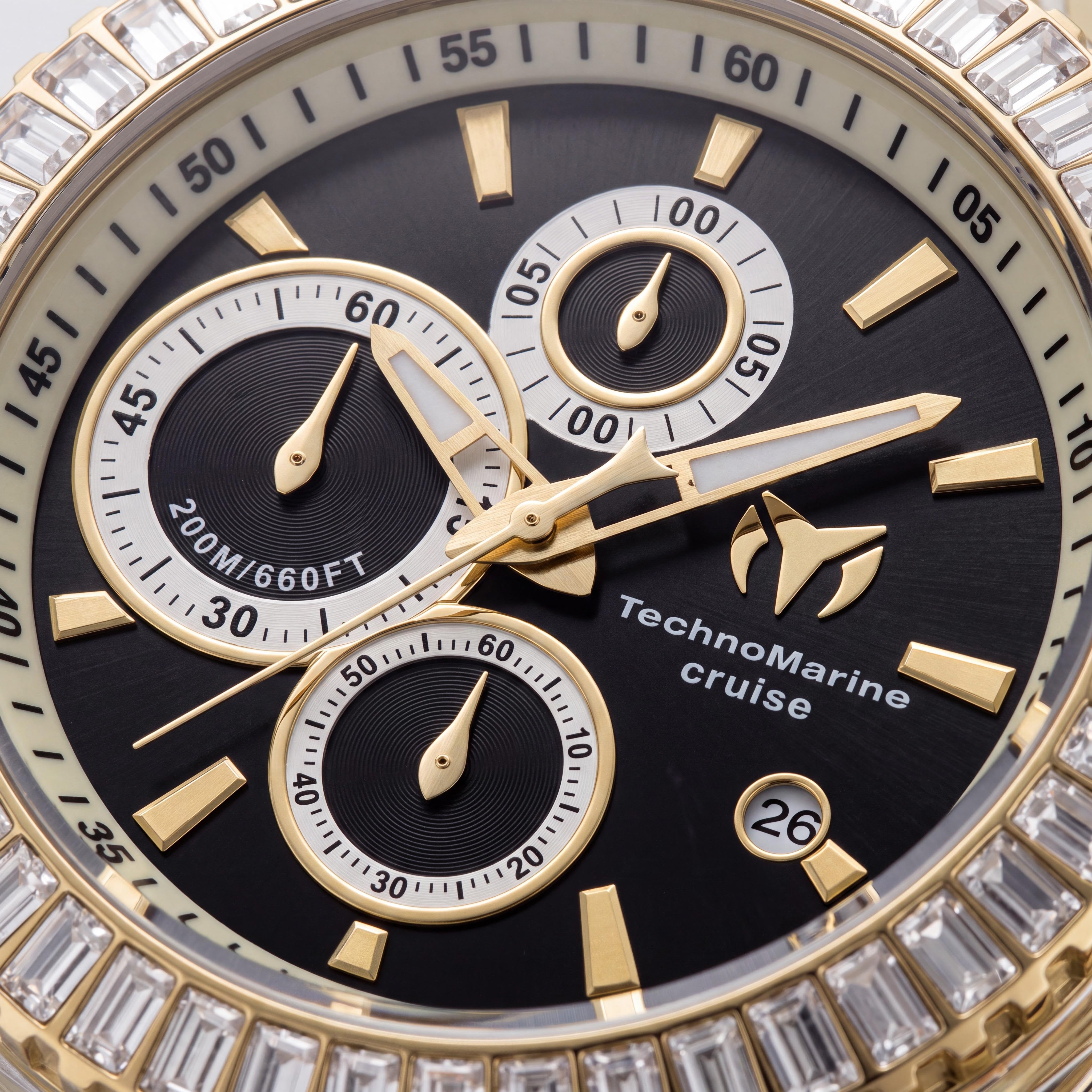 Reloj de cuarzo cronógrafo moderno Technomarine para hombre, acero inoxidable tono dorado, correa de silicona negra, 45 mm, Photo 2