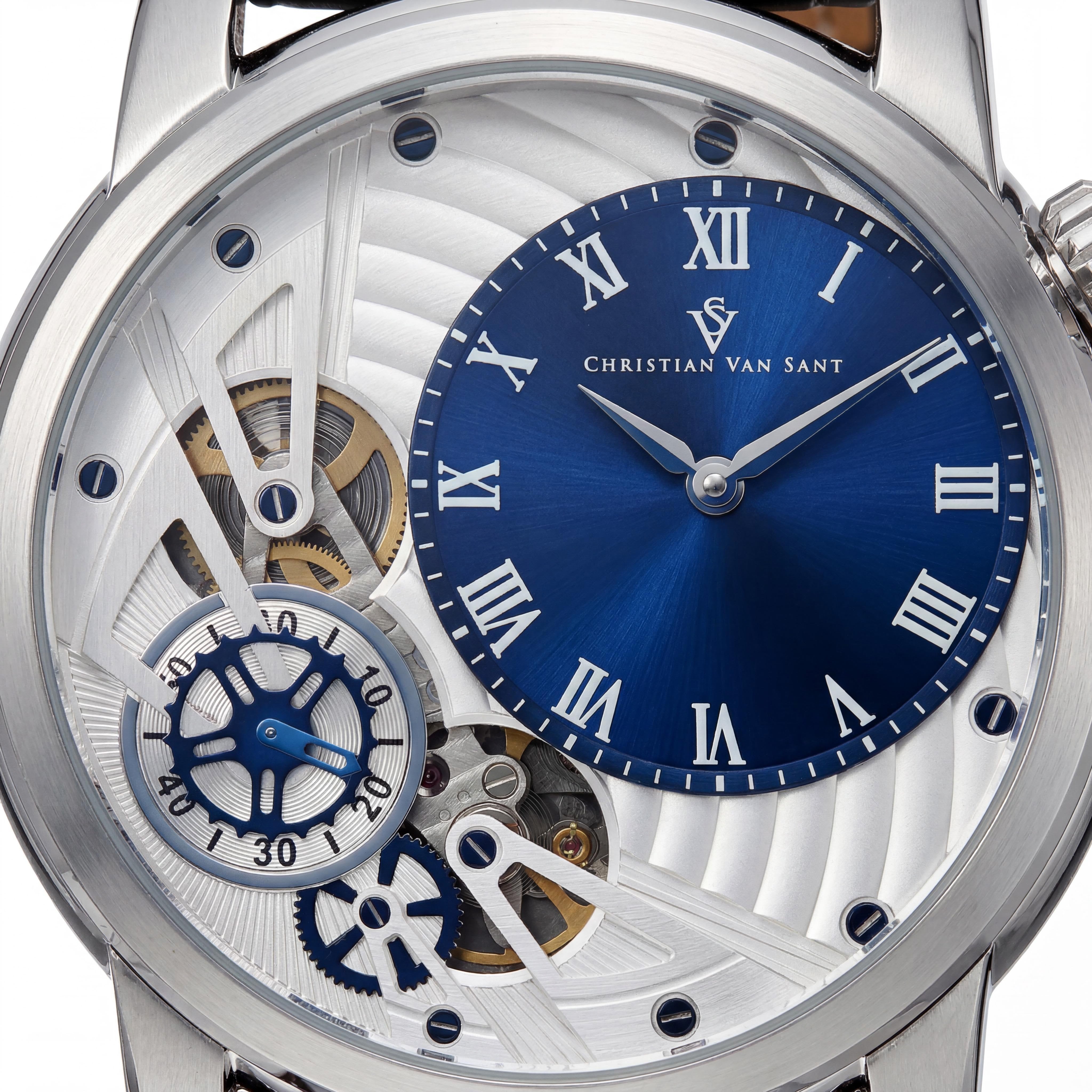 Reloj Christian Van Sant Sprocket Auto-Quartz para Hombre, Esfera Azul, Caja de Acero Inoxidable, Correa de Cuero, Sumergible 10 ATM, Photo 2
