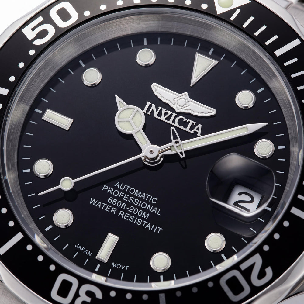 Reloj Invicta para hombre con correa, caja negra, acero inoxidable plateado, luminoso, resistente al agua 200 m, 38 mm
