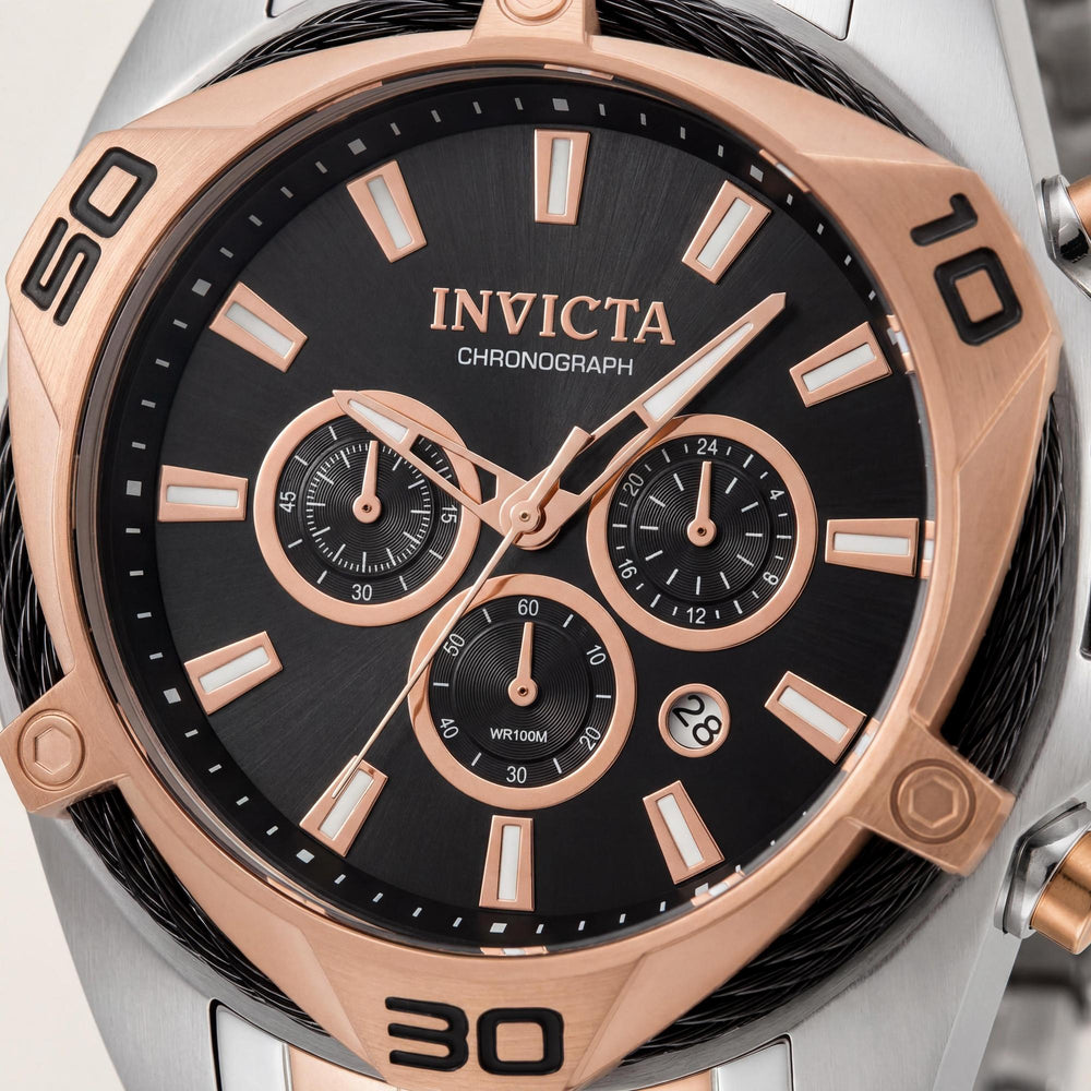 Reloj Invicta Bolt para hombre, cronógrafo, esfera negra, tono plata y oro rosa, acero inoxidable, 50 mm