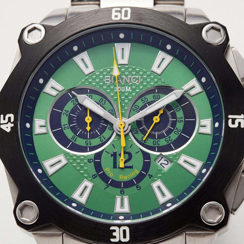 Reloj cronógrafo de cuarzo casual para hombre Roberto Bianci, acero inoxidable plateado, esfera verde, resistente al agua 100 m