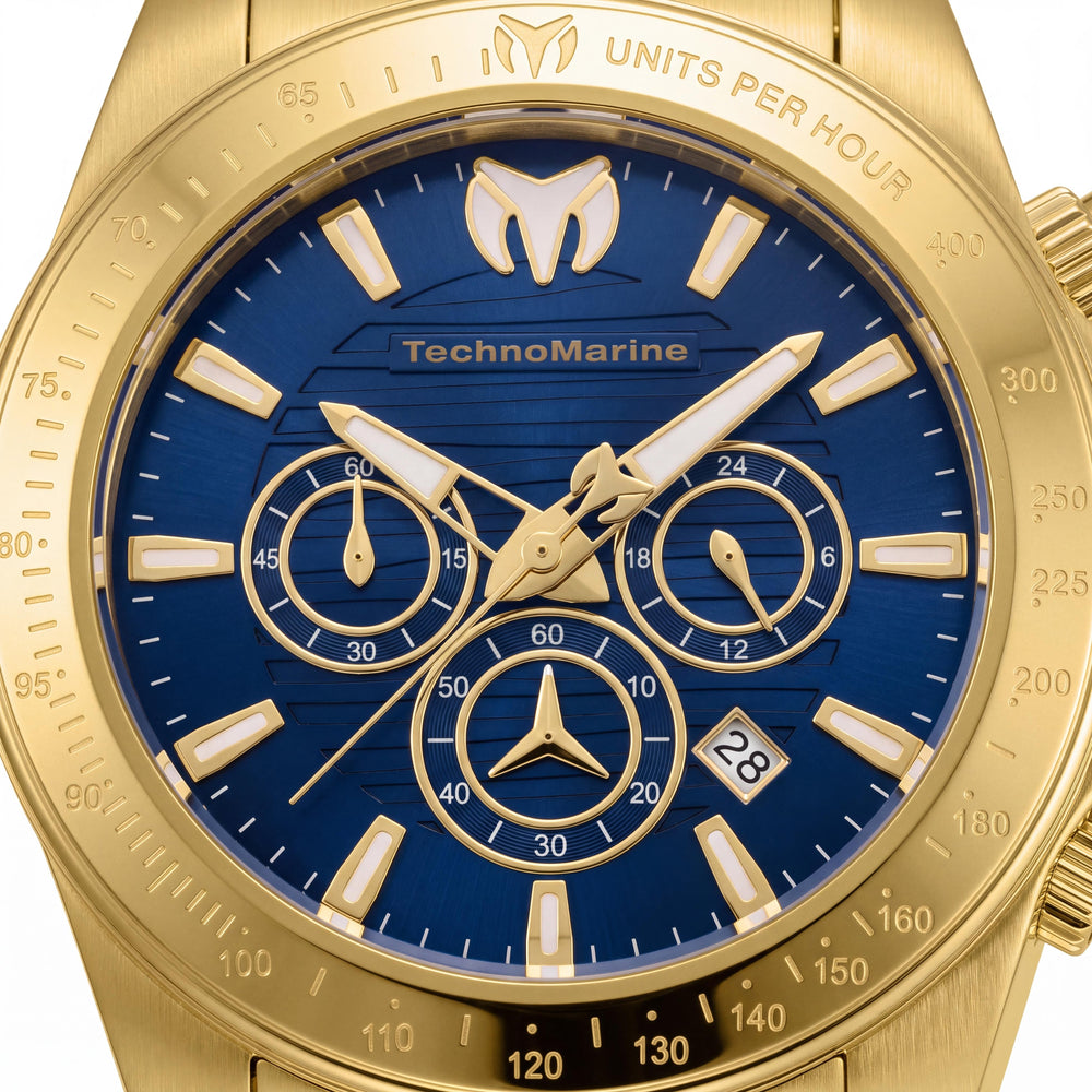 Reloj de buceo cronógrafo Technomarine Manta TM-220149 para hombre, de acero inoxidable tono dorado, esfera azul, 47 mm