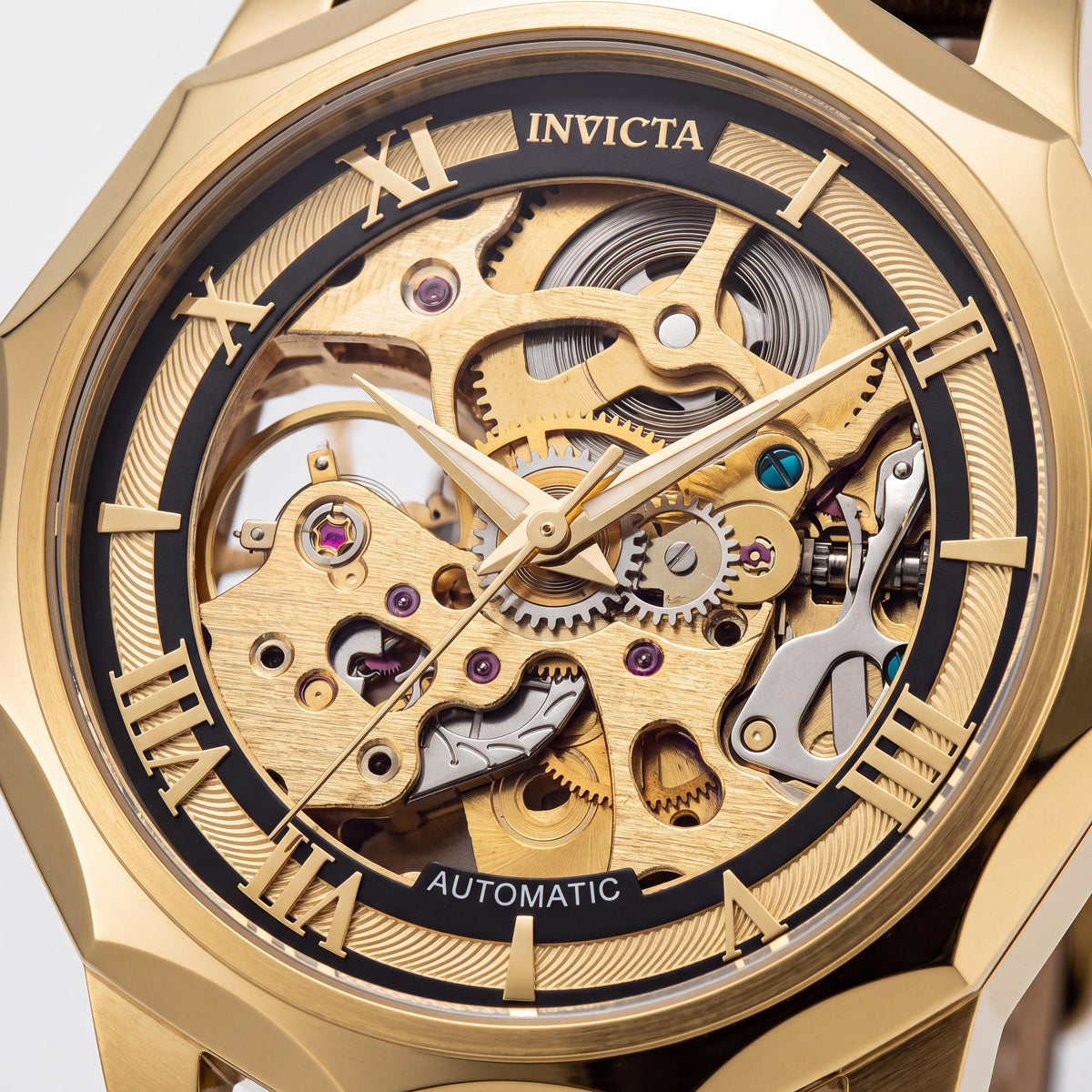 Invicta Objet D Art 69125 Automatic Gold Stainless Steel Unisex Leather Strap Watch 42mm Case, Photo 2