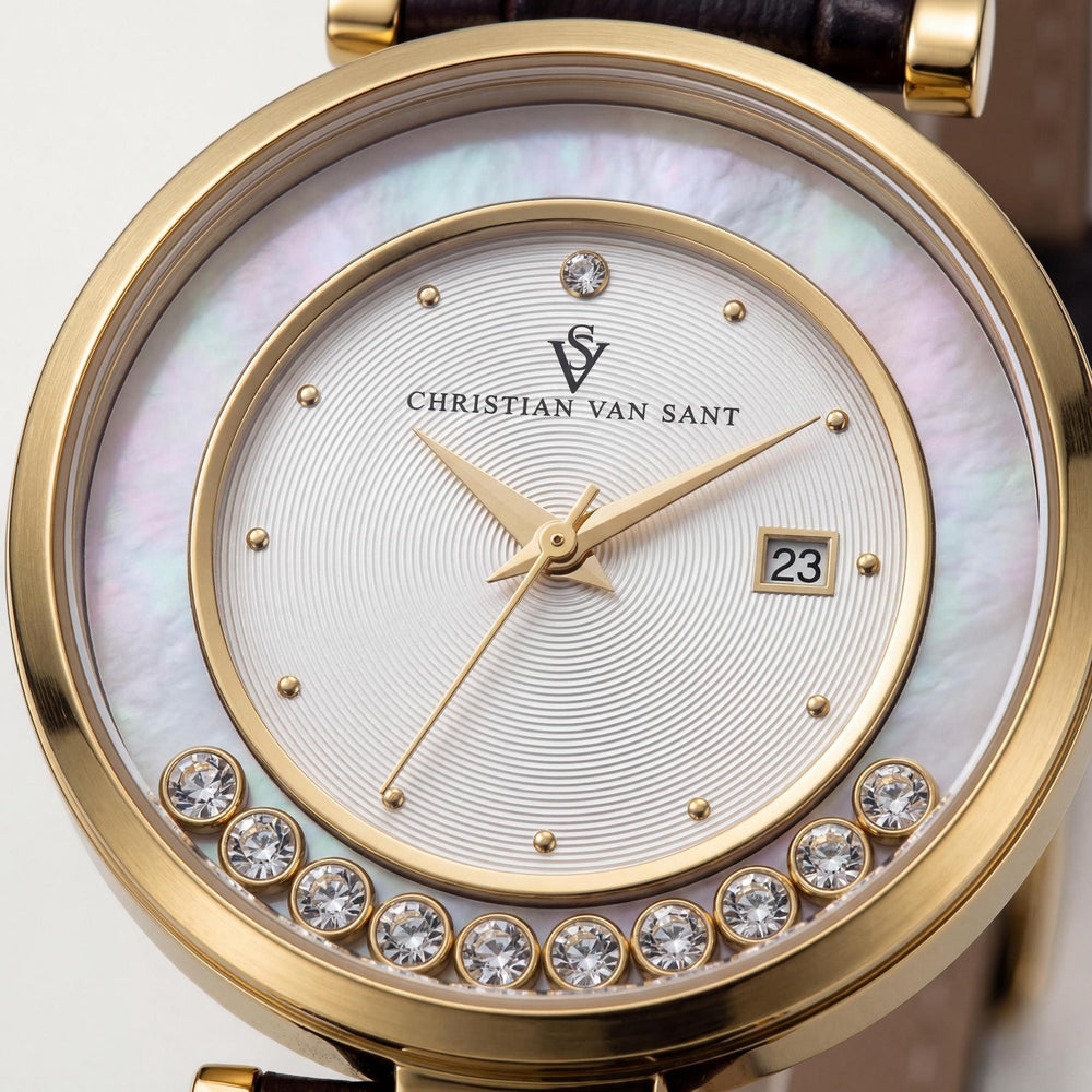 Christian Van Sant CV3814 Reloj moderno de cuarzo resistente al agua para mujer con correa de cuero y acero inoxidable tono plateado