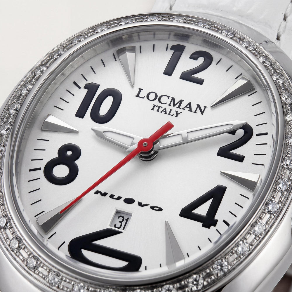 Reloj Locman para mujer con movimiento de cuarzo, acero inoxidable blanco, correa de piel, esfera de nácar, resistente al agua