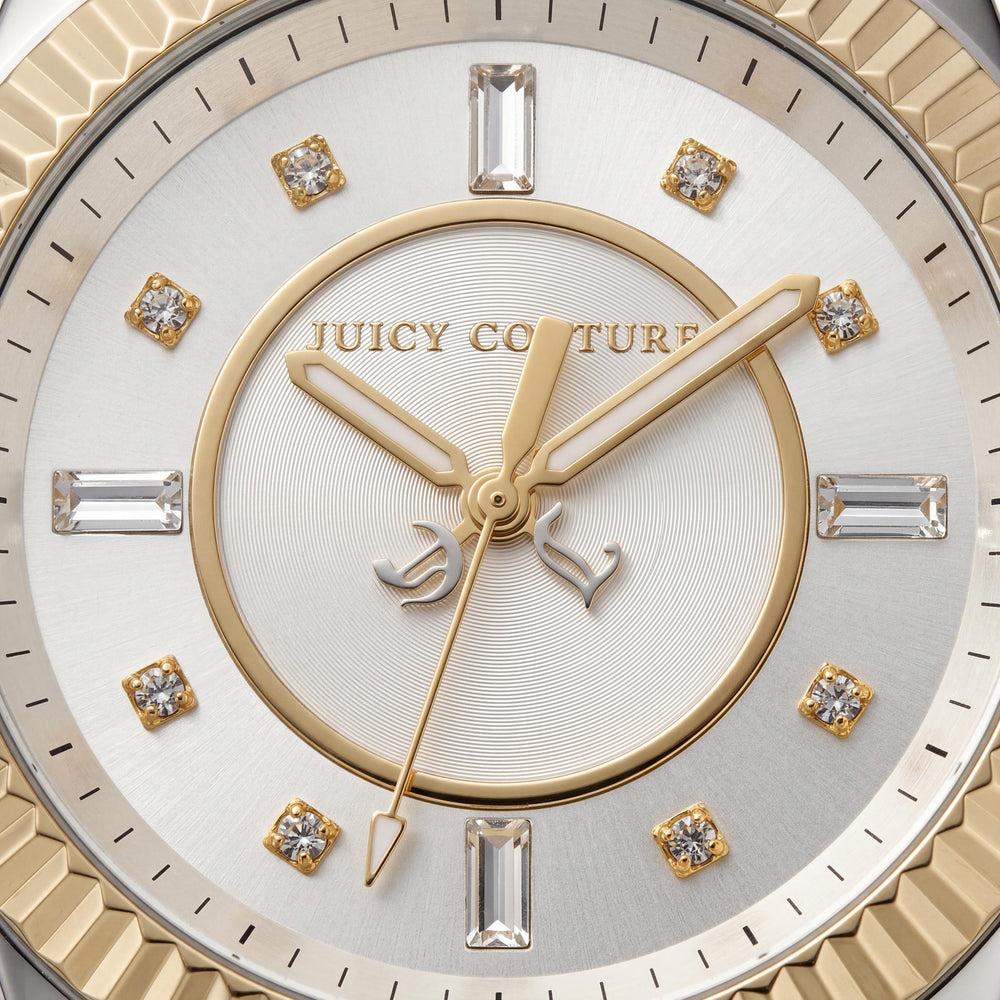Juicy Couture Stella Reloj para mujer de 41 mm en oro amarillo y acero inoxidable de dos tonos, resistente al agua, con cristales de Swarovski, esfera plateada