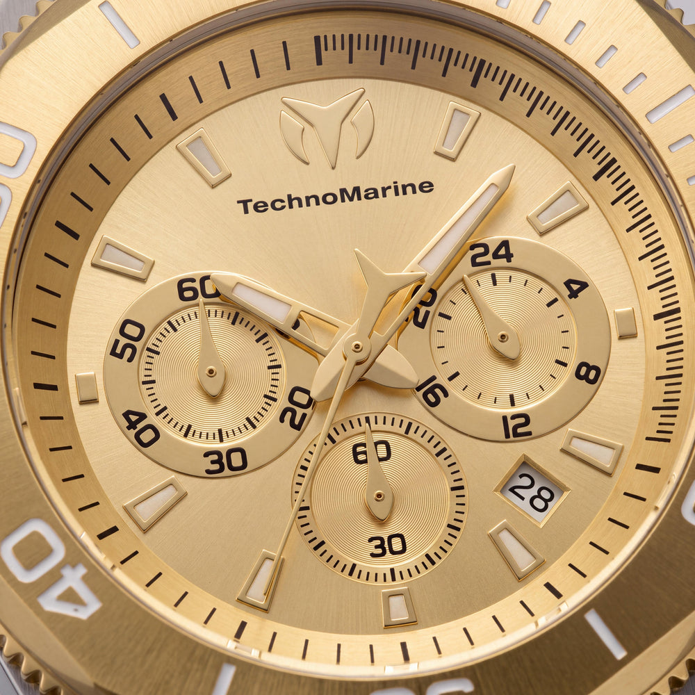 Reloj de cuarzo Technomarine Manta TM-224017 para hombre, cronógrafo, de acero inoxidable plateado, esfera dorada, 49 mm