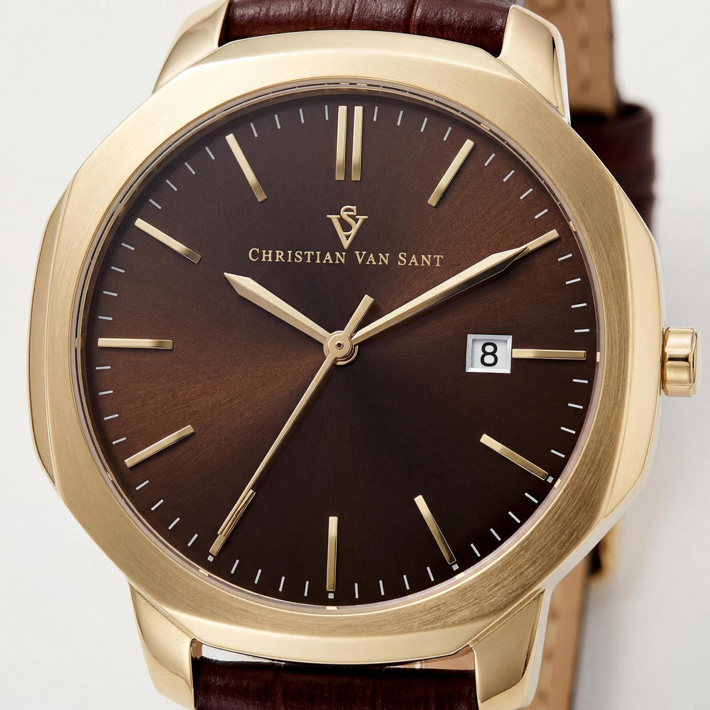 Reloj Christian Van Sant CV0507 para mujer, de cuarzo, acero inoxidable, resistente a los golpes y con correa de piel marrón