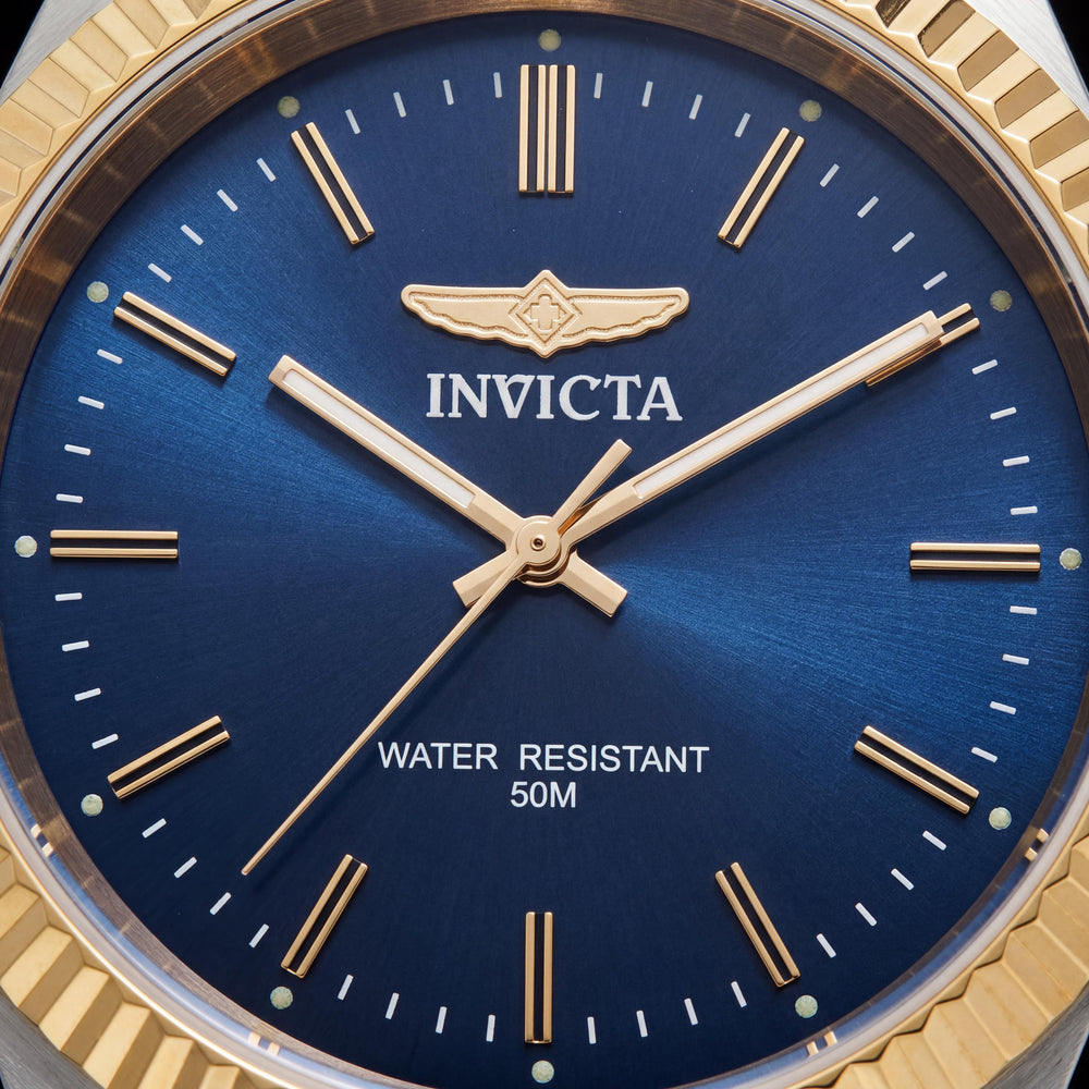Invicta Specialty 49316 Reloj de cuarzo unisex con brazalete de acero inoxidable en tonos plateados y dorados, esfera azul, 43 mm