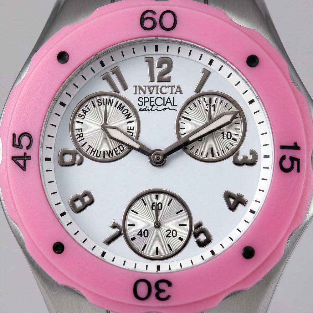 Invicta Angel Cronógrafo 18791 Reloj de mujer rosa blanco con caja de acero inoxidable y correa de silicona de 38 mm que brilla en la oscuridad