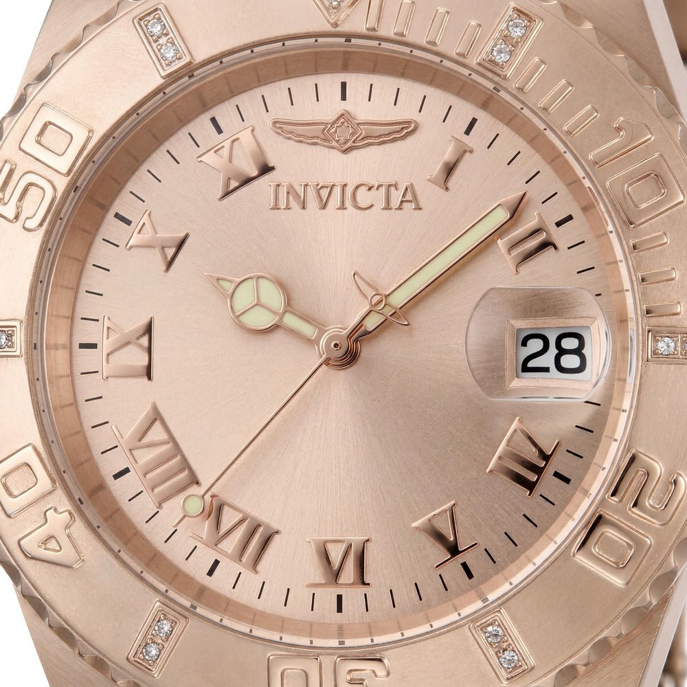 Invicta Pro Diver 12821 Reloj de buceo de cuarzo luminoso para mujer con bisel de diamante de acero inoxidable en oro rosa de 40 mm