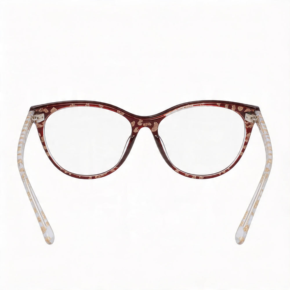 Monturas de gafas color borgoña para mujer de Bebe, diseñadas para acomodar lentes recetados y equipadas con lentes transparentes de demostración.