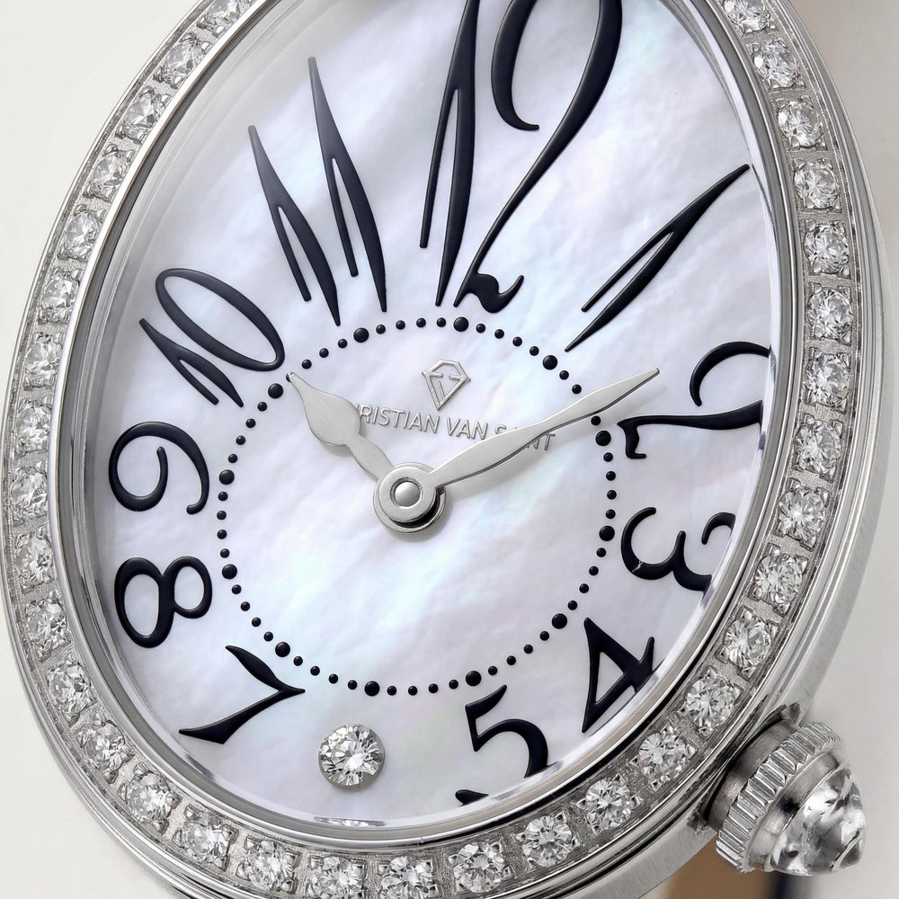 Reloj Christian Van Sant Florentine CV4292 para mujer, caja de acero inoxidable blanco, correa de piel y esfera de nácar
