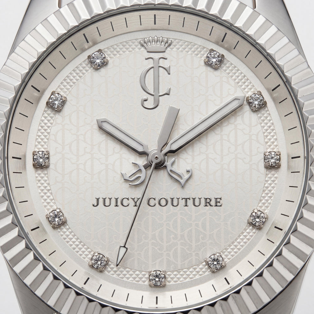 Reloj Juicy Couture Stella Collection para mujer con correa de cuero negro, esfera de nácar, cristales Swarovski, resistente al agua, 40 mm