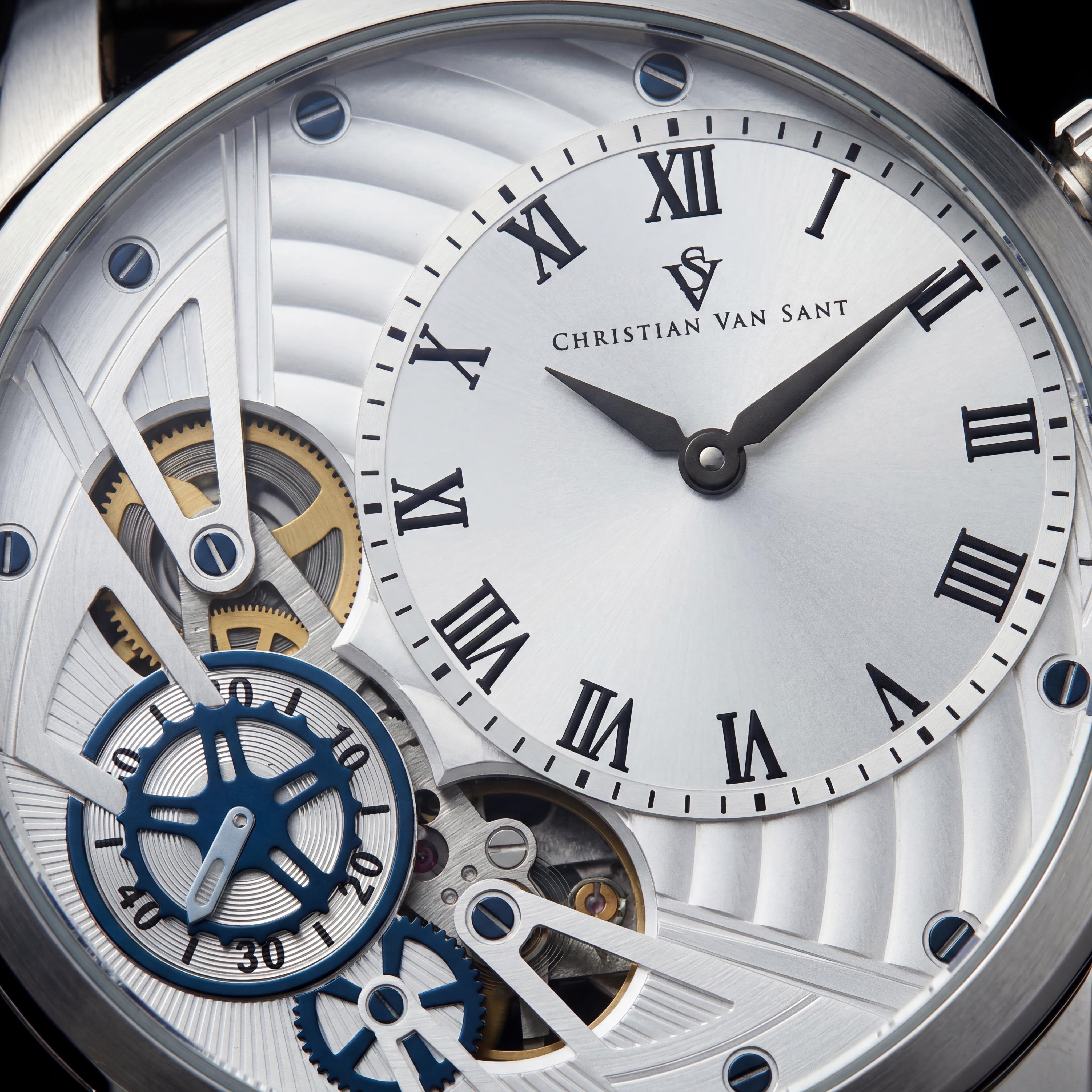 Reloj de hombre Christian Van Sant Sprocket Auto-Quartz de acero inoxidable con esfera plateada, correa de piel, resistente al agua, con temporizador y regla de cálculo, Photo 2