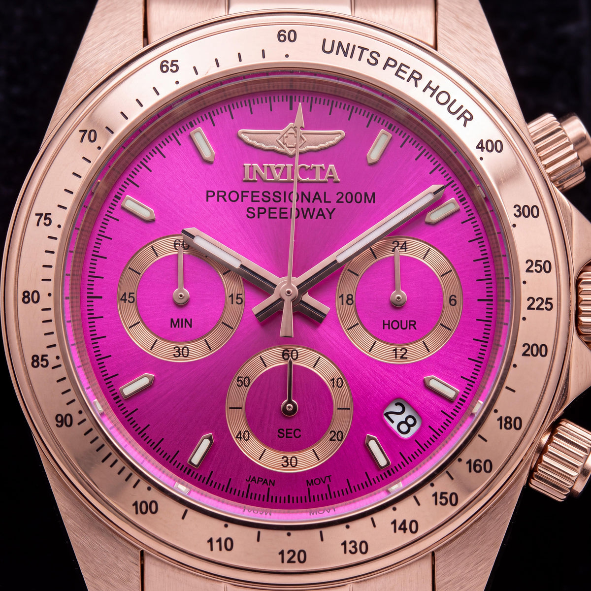 Invicta Bracelet Unisex Pink Rose Gold Stainless Steel Chronograph Watch, Glow In The Dark, 200M Water Resistant, Photo 2