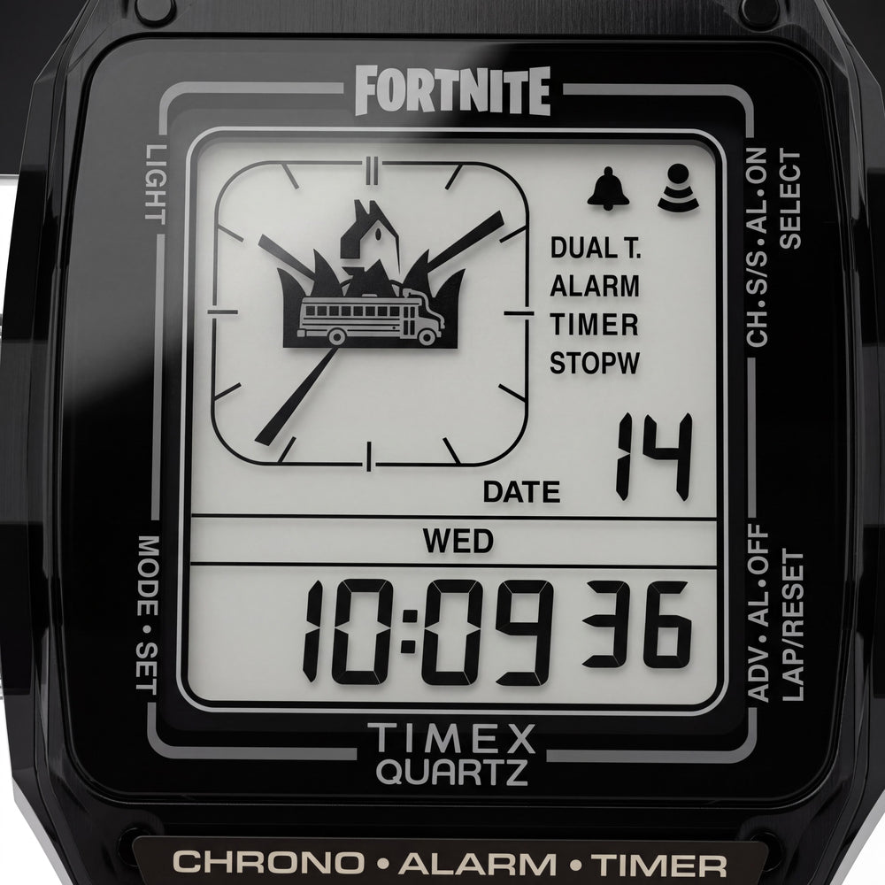 Timex Modern Q Timex LCA Fortnite Edition Reloj Unisex de Resina Negra Translúcida con Doble Pantalla Analógica-Digital y Resistencia al Agua