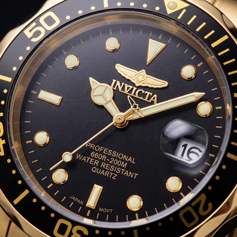 Reloj Invicta con cronógrafo de acero inoxidable chapado en oro, esfera negra de 37 mm, resistente al agua, unisex, con pulsera