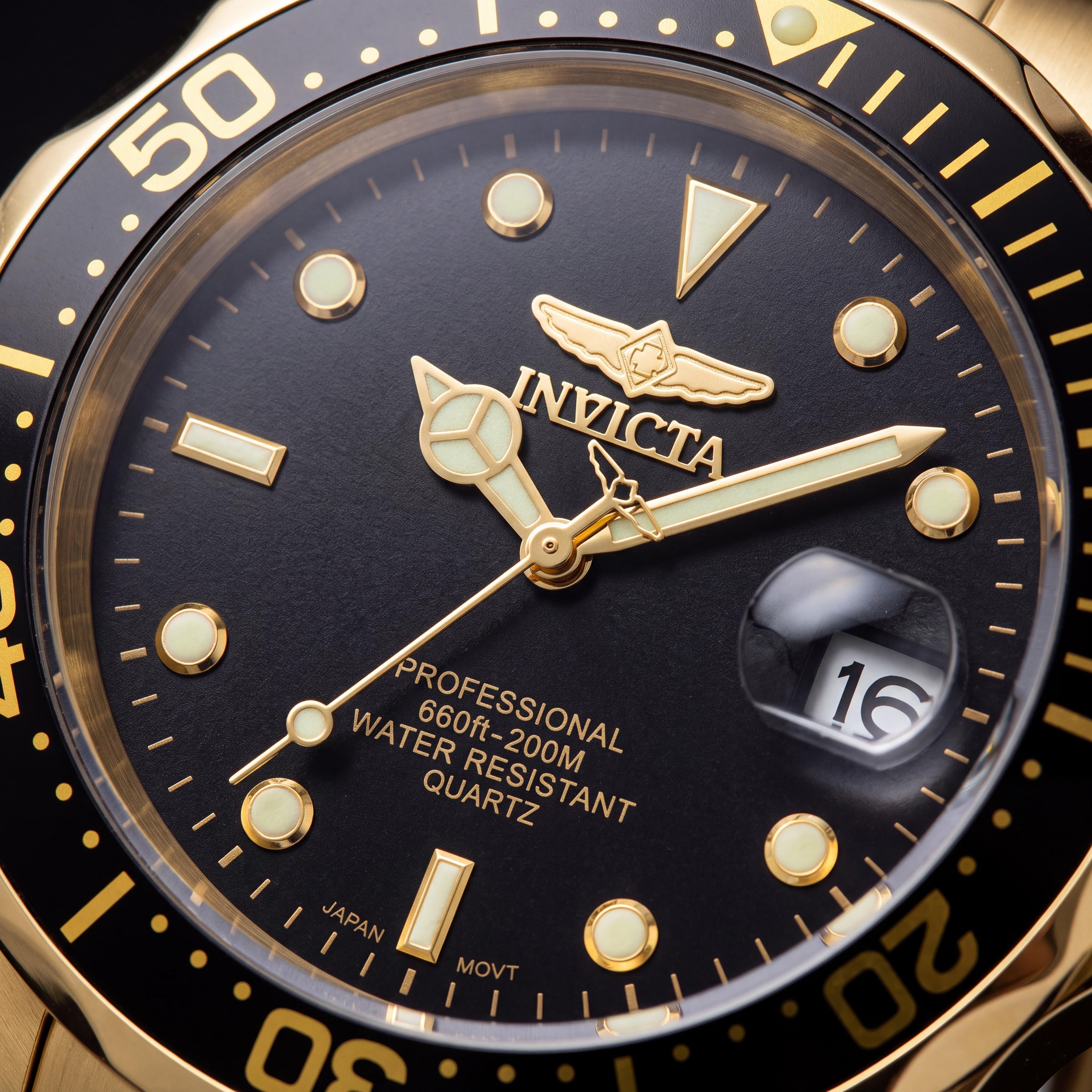 Reloj Invicta con cronógrafo de acero inoxidable chapado en oro, esfera negra de 37 mm, resistente al agua, unisex, con pulsera, Photo 2