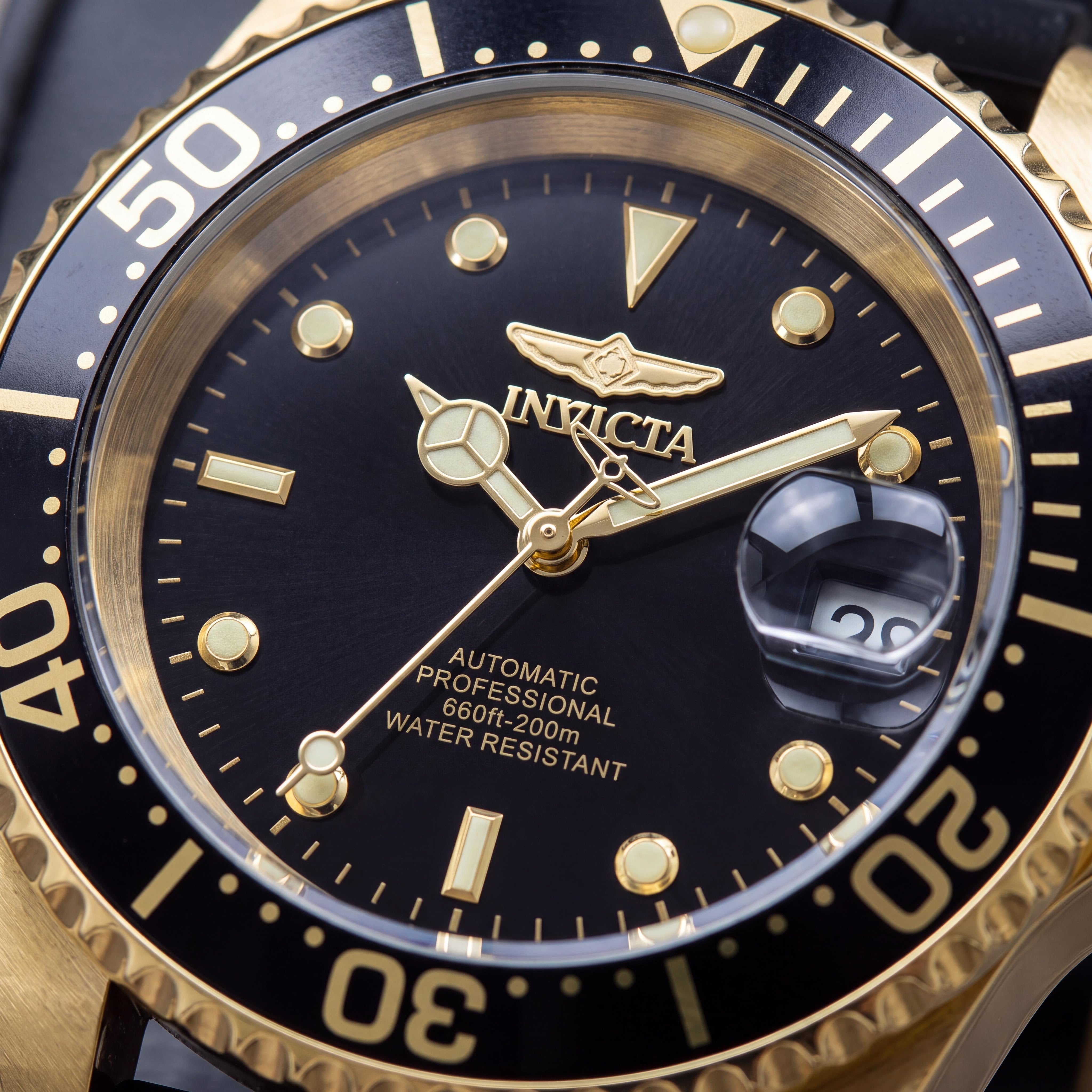Invicta Pro Diver Sports Men's 40mm Automatic Stainless Steel Watch with Black Gold Frame, Black Dial, 200m Water Resistant, Photo 2