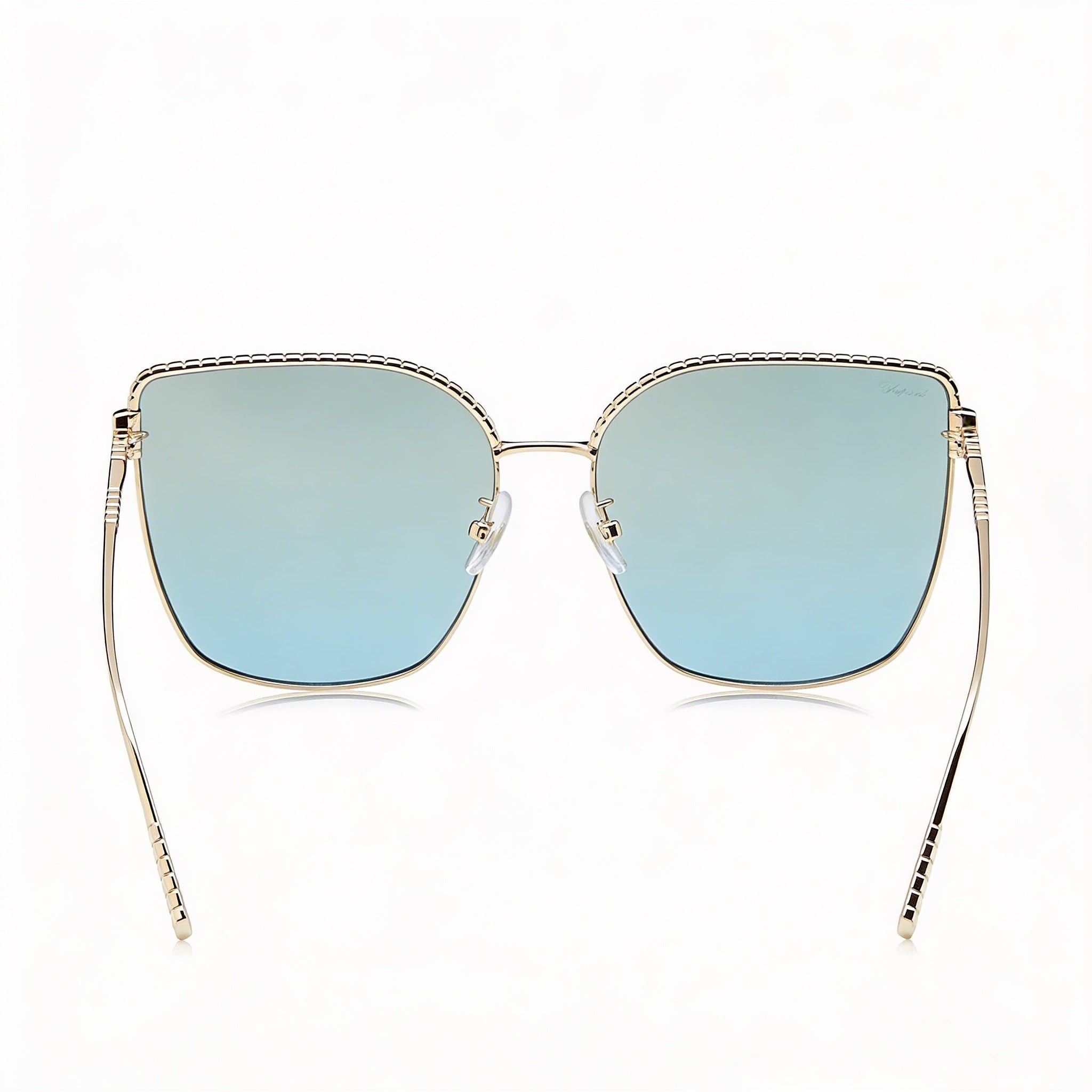 Gafas de sol casuales Chopard para mujer de titanio y oro rosa con lentes azules espejadas con gradiente dorado y protección UV 63-17-135, Photo 3