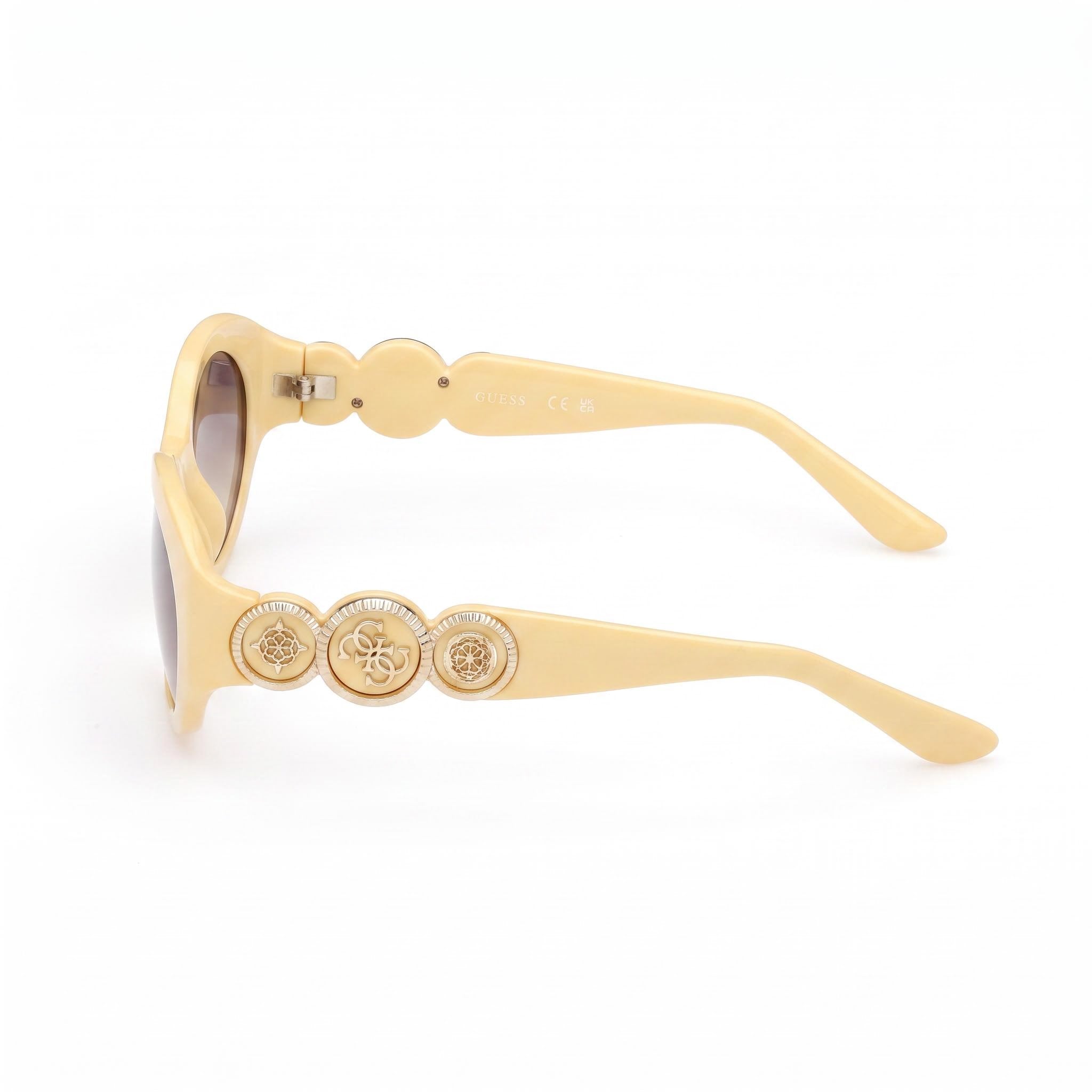 GUESS Women's Oval Peony Plastic Sunglasses, Shiny Light Yellow Frame, Gradient Smoke Lenses, Non-Polarized, 100% UV Protection, 53mm, Photo 3
