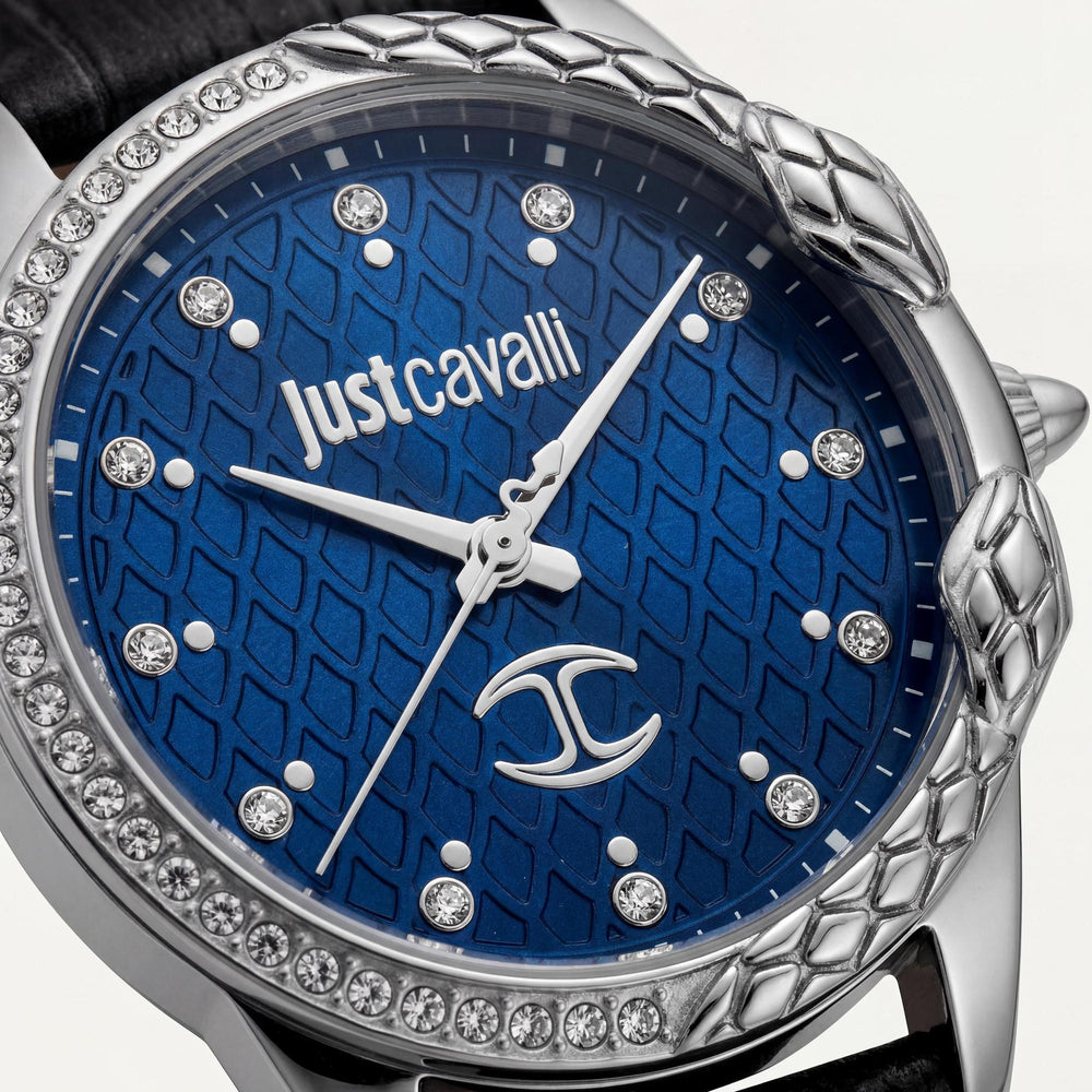 Just Cavalli Fashion Women's Waterproof Silver Stainless Steel Black Leather Strap Watch Blue Dial