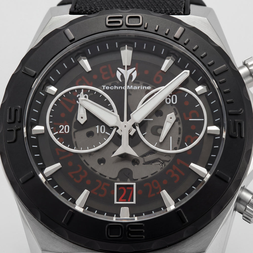 Reloj de hombre TechnoMarine moderno con cronógrafo, caja de acero inoxidable negra de 48 mm, esfera luminosa y correa de silicona y nylon