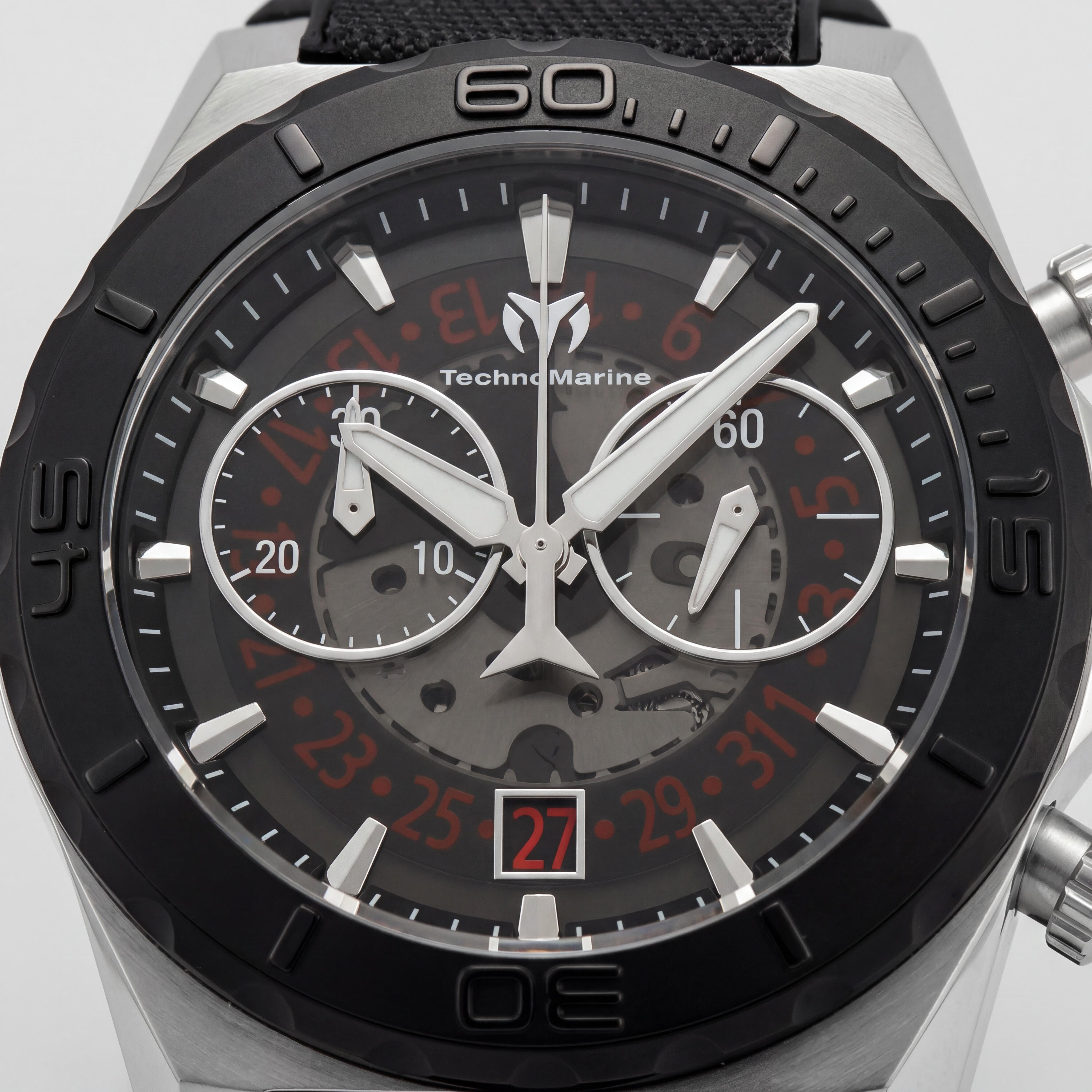 TechnoMarine Modern Men's Black Stainless Steel 48mm Chronograph Luminous Dial Silicone Nylon Band Watch, Photo 2