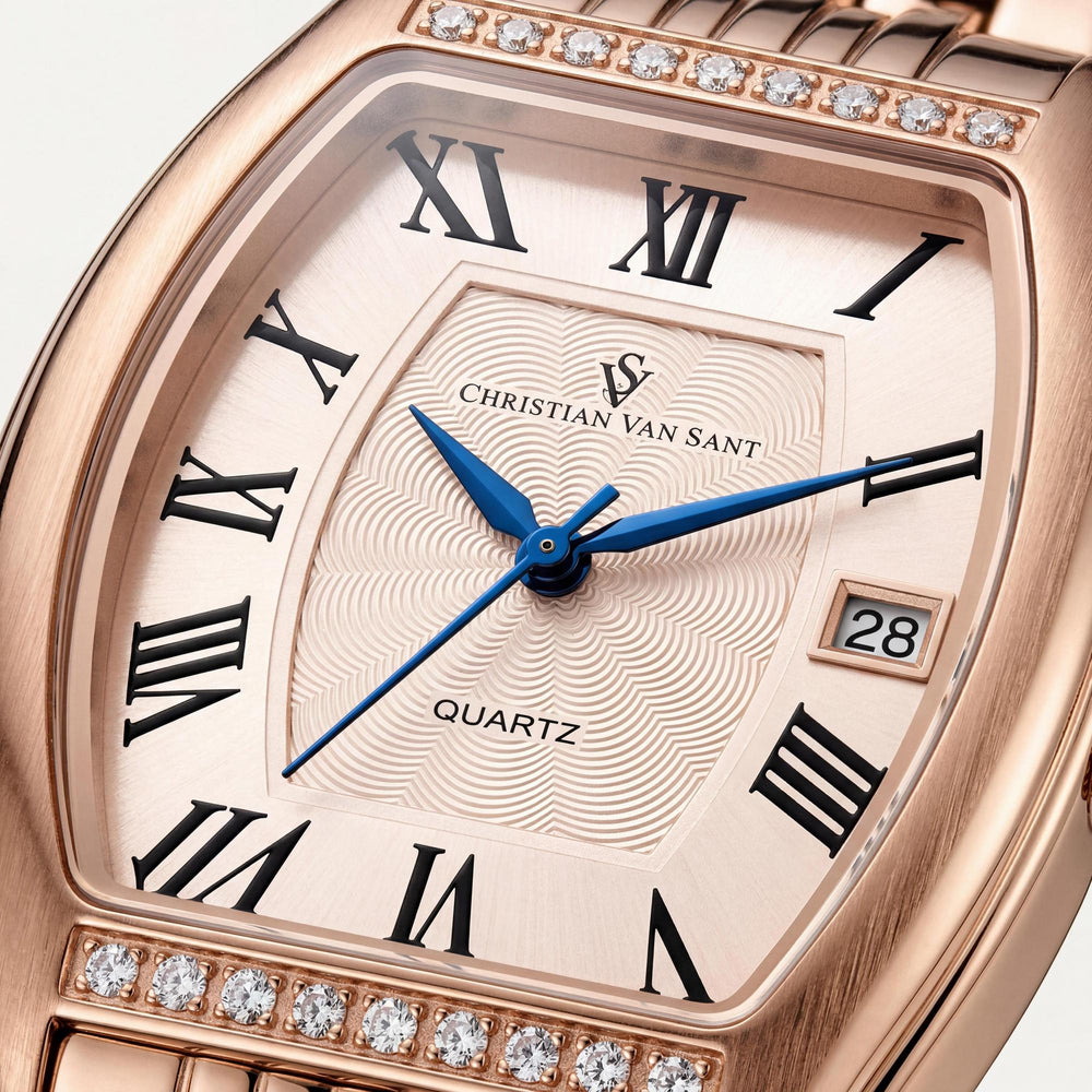 Reloj de cuarzo Christian Van Sant para mujer, de acero inoxidable y oro rosa, resistente a arañazos y al agua.
