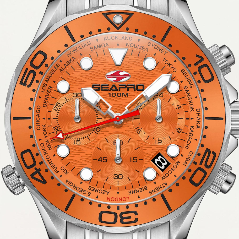 Reloj Seapro Modern para hombre con esfera naranja, caja y pulsera de acero inoxidable, movimiento de cuarzo, resistente al agua hasta 100 m.