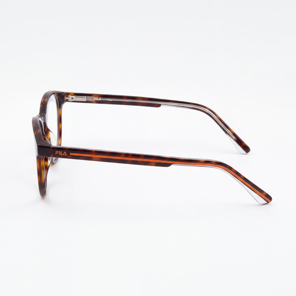 Gafas Fila Vf9322 unisex de pasta color habano, forma ovalada, aro completo, lentes transparentes sin graduación, con lente de 50 mm y patilla de 140 mm