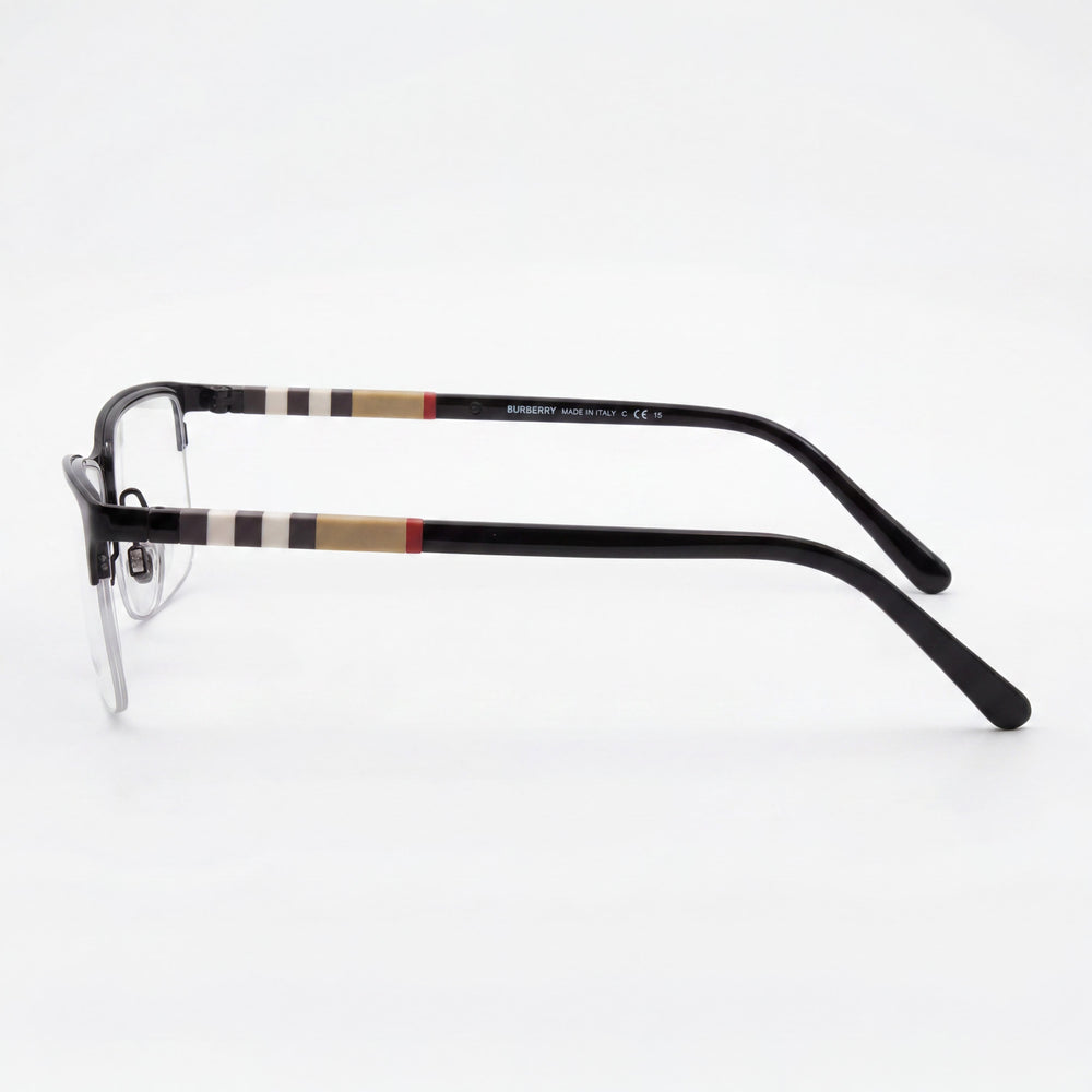 BURBERRY Be 1282 Men's Metal Semi-Rimless Rectangle Eyeglasses with Clear Non- Lenses, Black Frame, 55-18-145mm