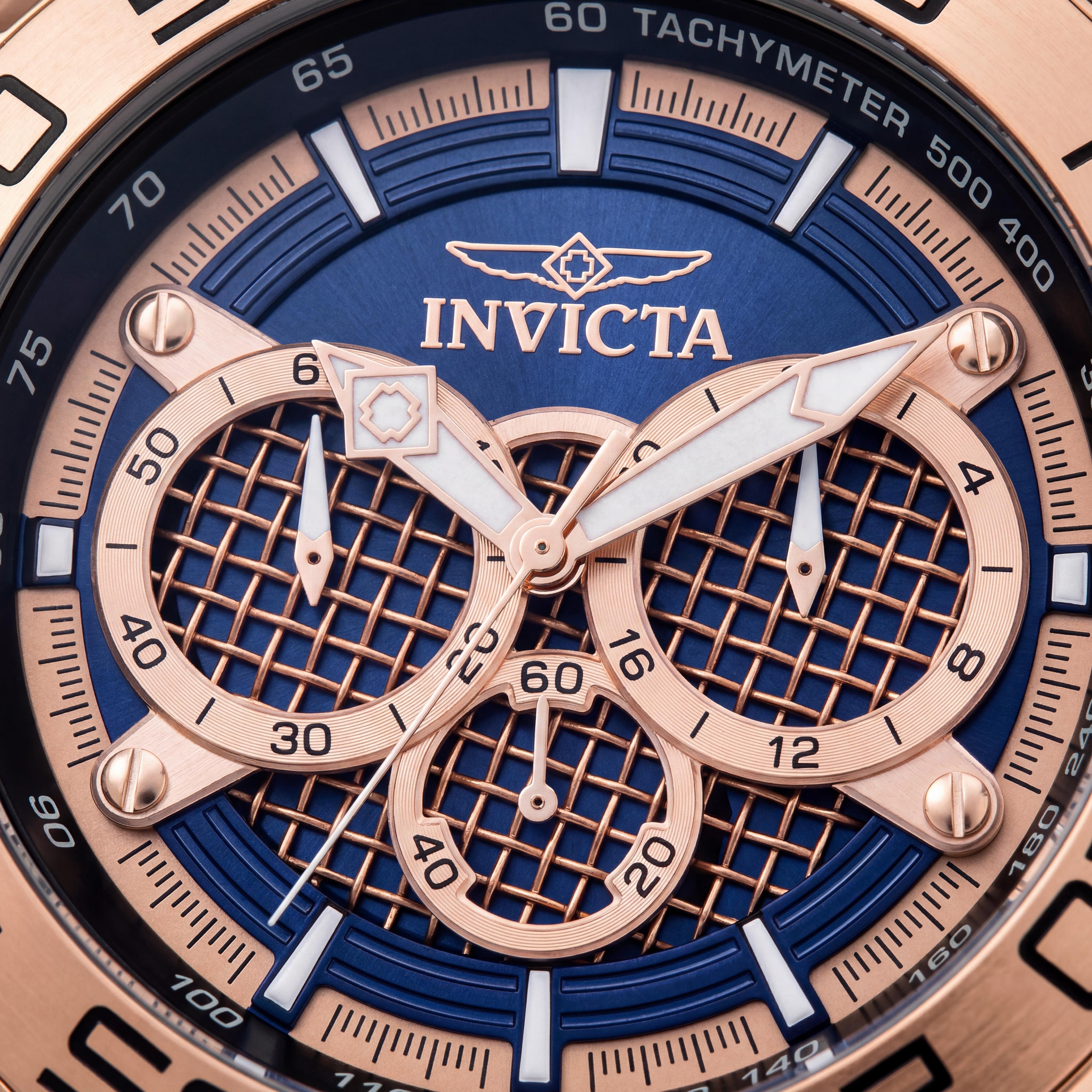 Invicta Speedway - SCUBA 26305 Reloj de cuarzo cronógrafo para hombre de 50 mm de acero inoxidable tono oro rosa con correa de silicona azul, Photo 2