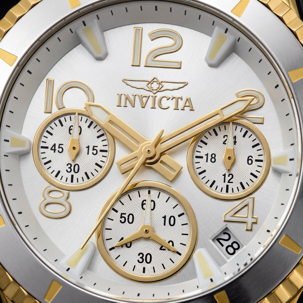 Reloj cronógrafo Invicta de cuarzo para mujer, caja de acero inoxidable plateada, correa de silicona blanca, esfera plateada, 39 mm, resistente al agua