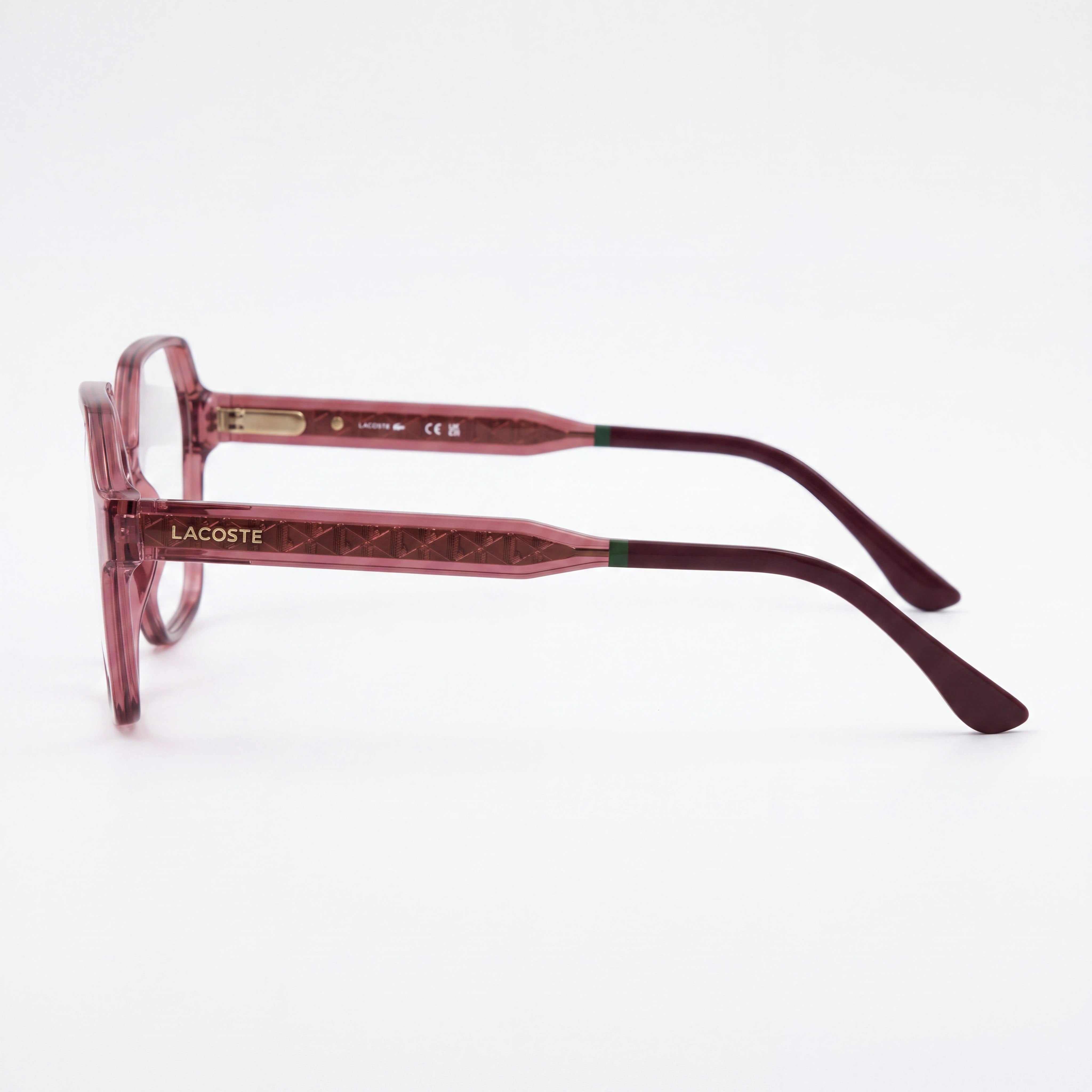 Gafas de sol casuales para mujer Lacoste con montura de acetato color burdeos transparente y lentes de policarbonato transparentes de 5 mm, Photo 3