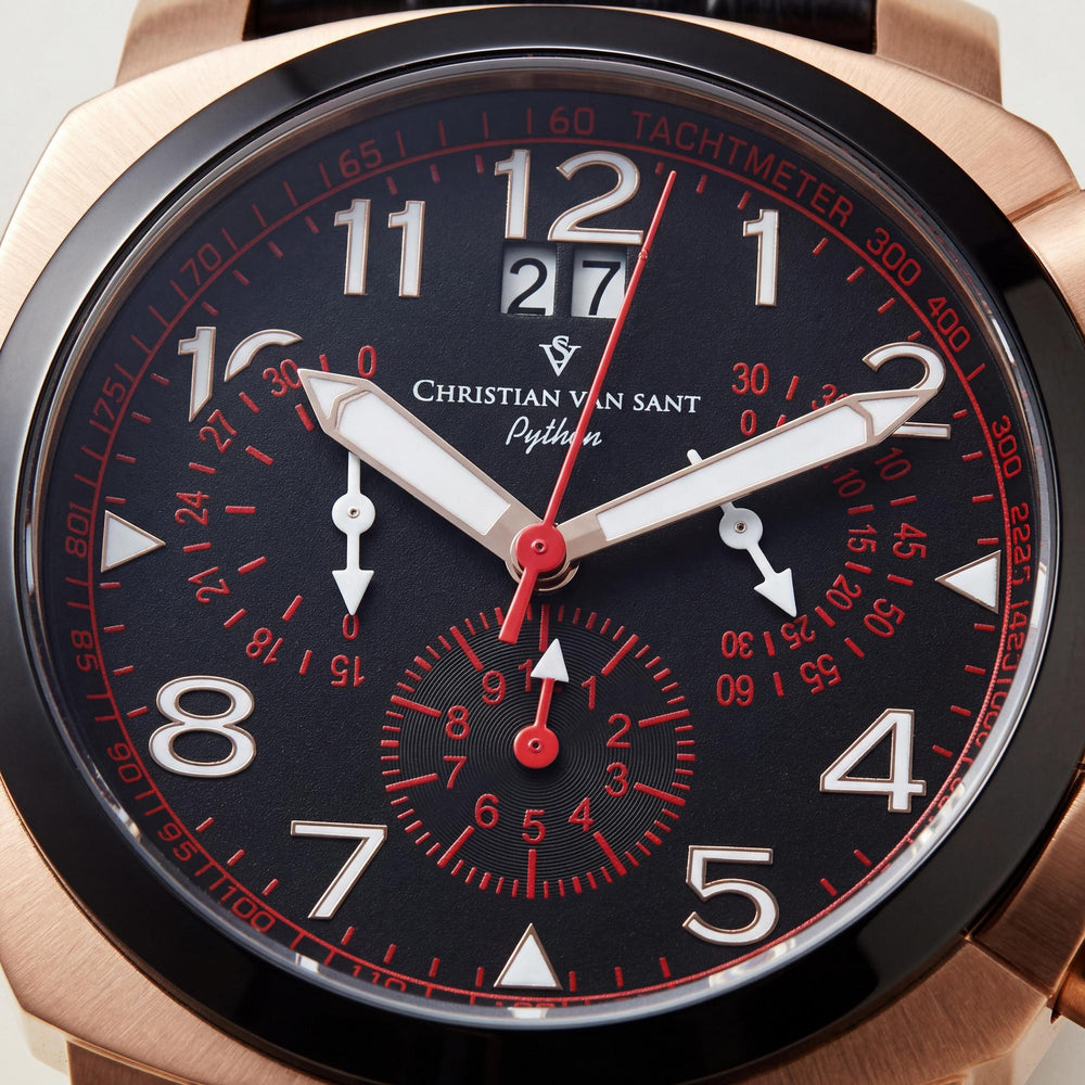 Reloj cronógrafo de cuarzo suizo Christian Van Sant Grand Python para hombre, esfera negra, acero inoxidable y correa de piel