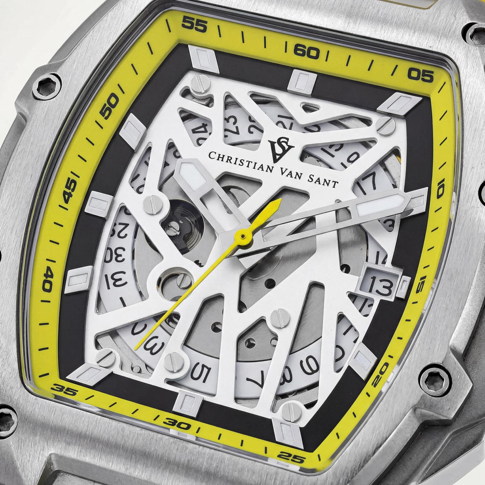 Christian Van Sant Men's Automatic Watch, Yellow Stainless Steel Case, White Dial, Rubber Strap, Water Resistant