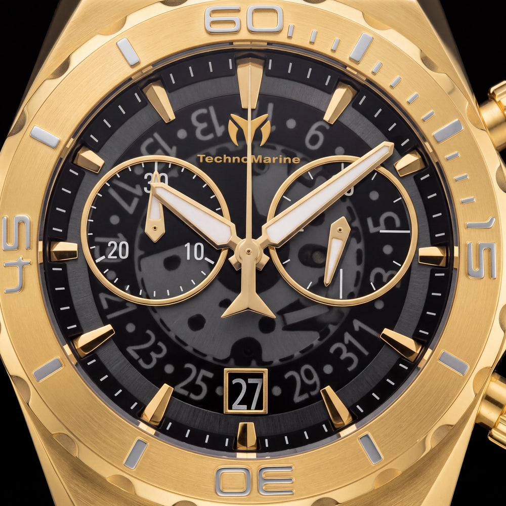 Reloj de lujo Technomarine para hombre TM-519008 Acero inoxidable tono negro dorado 48 mm Brilla en la oscuridad