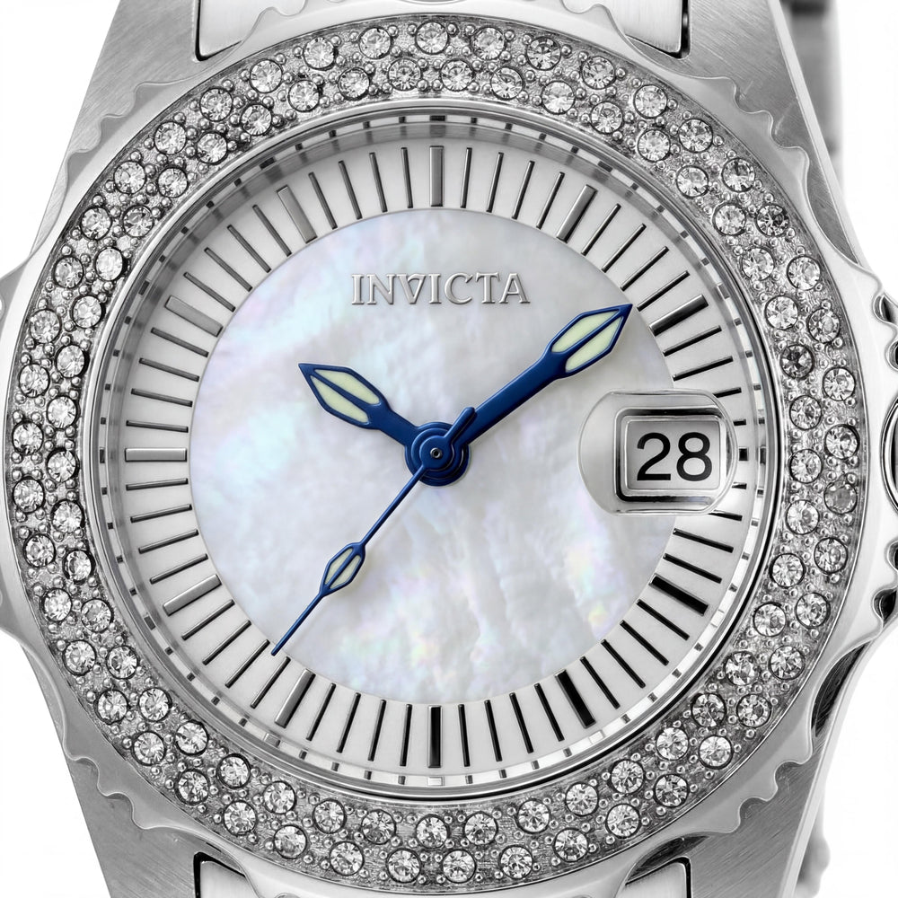 Invicta Angel 28442 Reloj de pulsera de cuarzo para mujer, 30 mm, de acero inoxidable plateado, esfera de nácar, resistente al agua