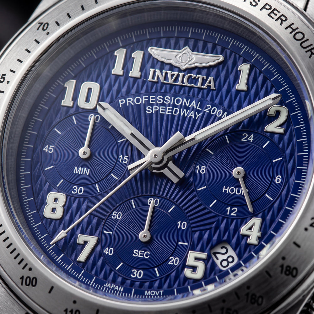 Invicta Reloj de cuarzo cronógrafo Speedway 17024 para hombre, caja de acero inoxidable plateada de 39 mm, esfera azul