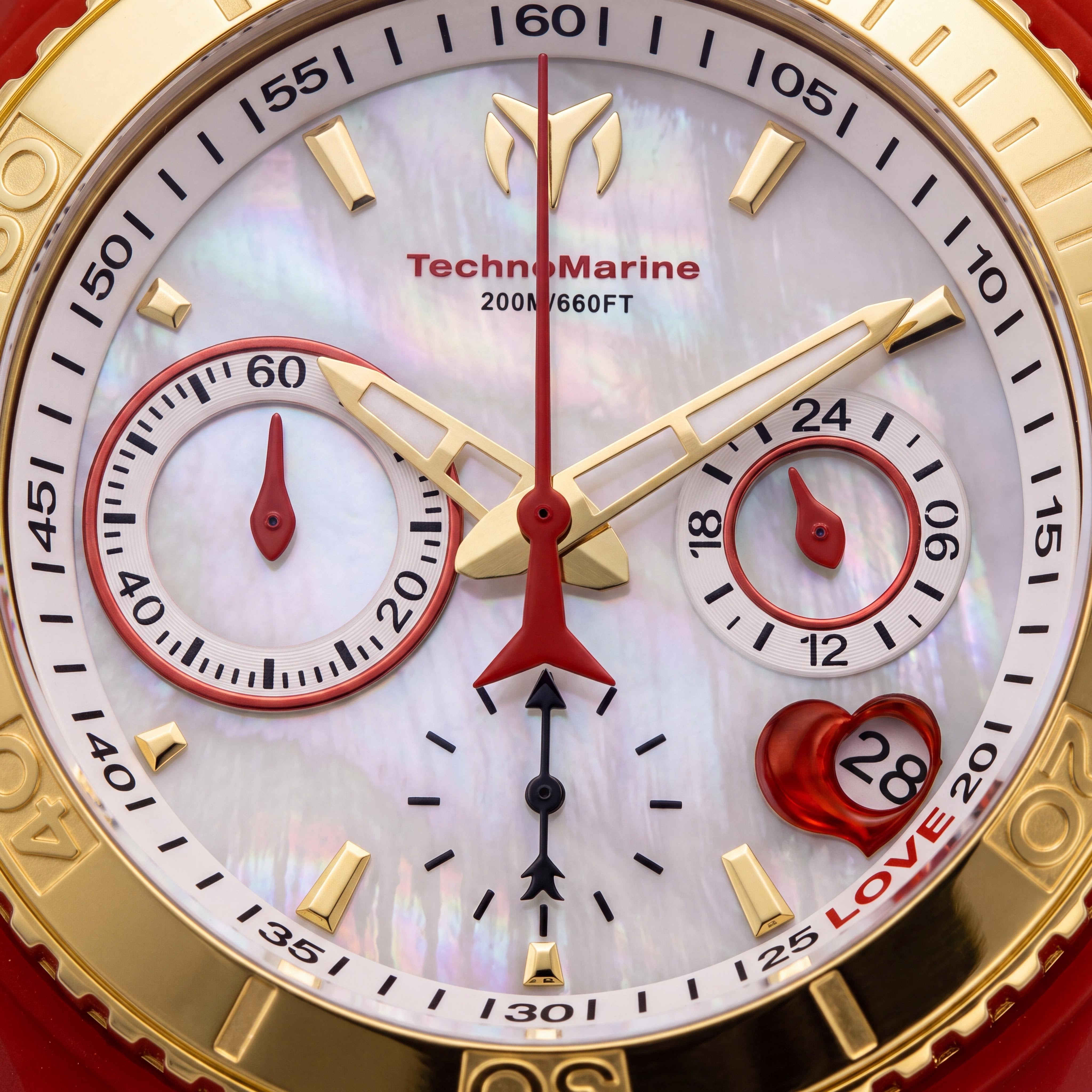 Technomarine Cruise TM-117003 San Valentín para mujer, caja de oro amarillo de 40 mm, esfera de nácar blanca, cronógrafo de cuero rojo, corazón abierto, Photo 2