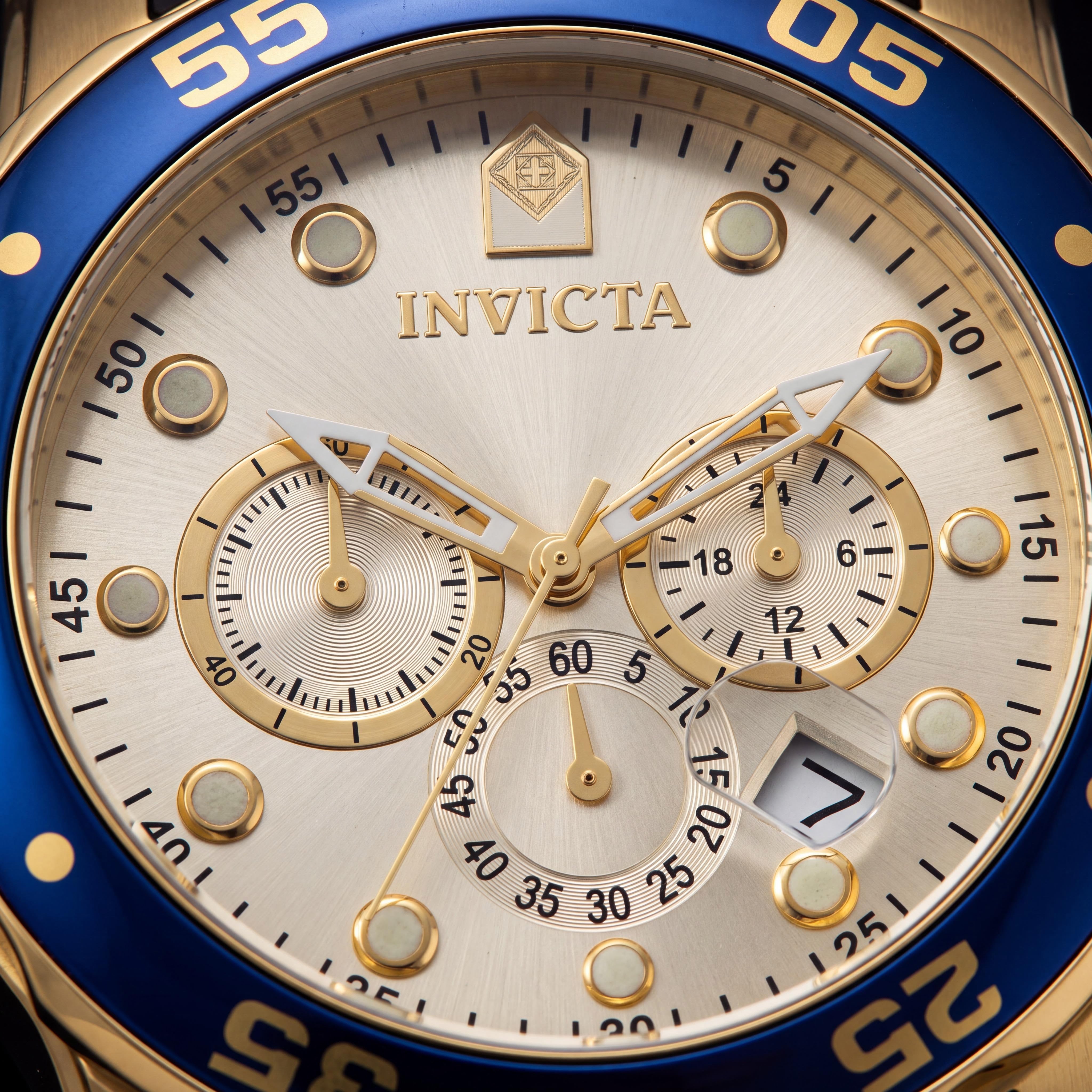 Invicta Pro Diver Reloj de buceo cronógrafo para hombre, de acero inoxidable tono dorado con caucho negro y bisel azul, 48 mm, Photo 2