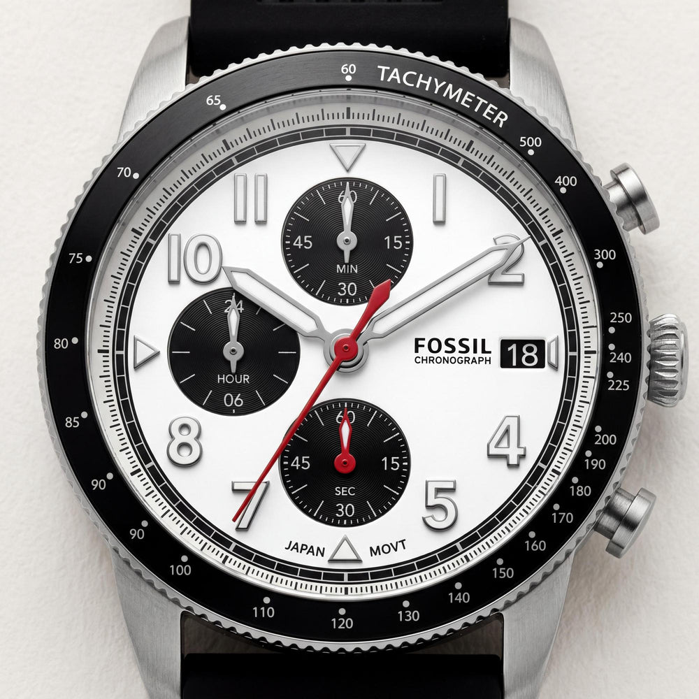 Reloj Fossil Classic para hombre, cronógrafo, acero inoxidable, correa de silicona negra, esfera blanca, 42 mm