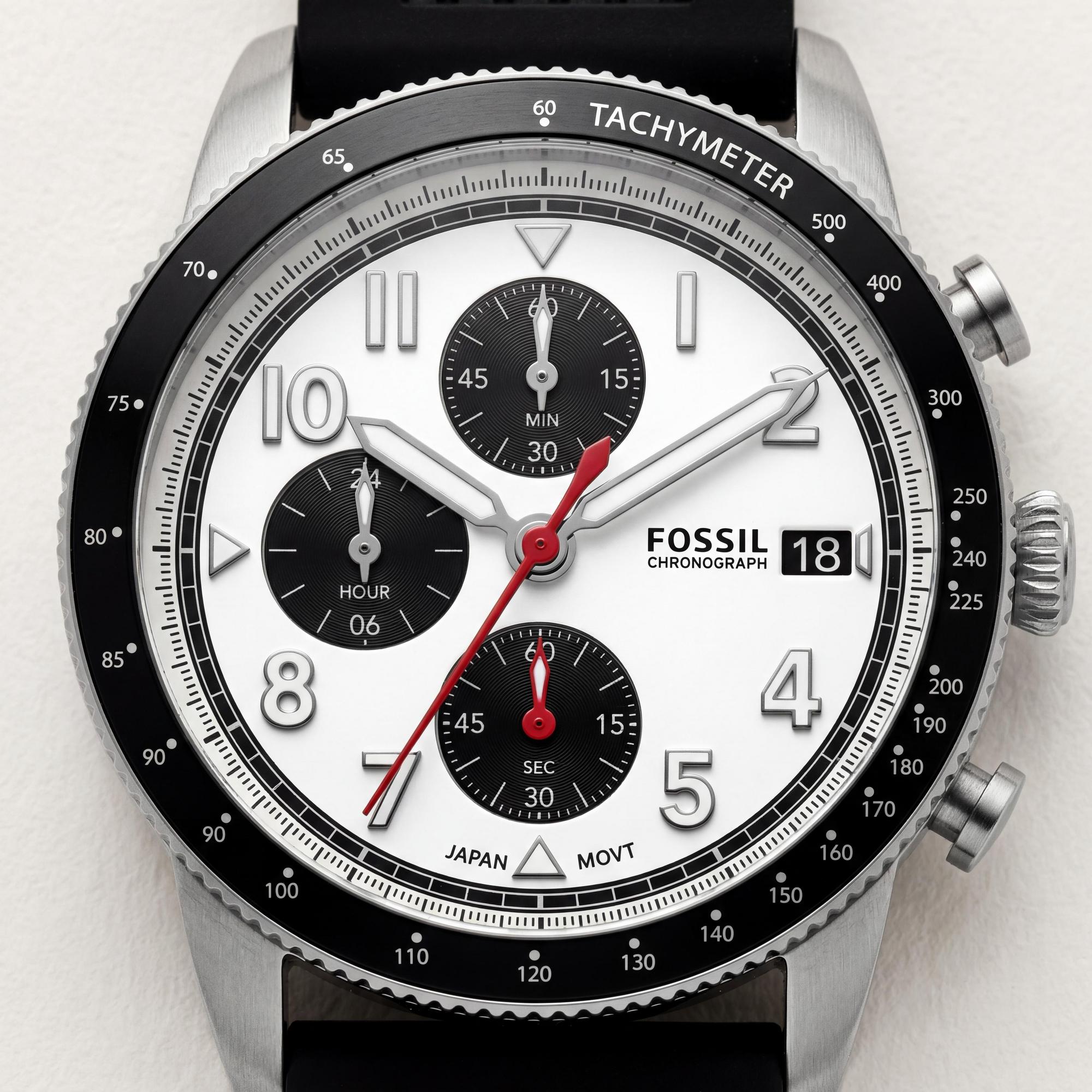 Reloj Fossil Classic para hombre, cronógrafo, acero inoxidable, correa de silicona negra, esfera blanca, 42 mm, Photo 2