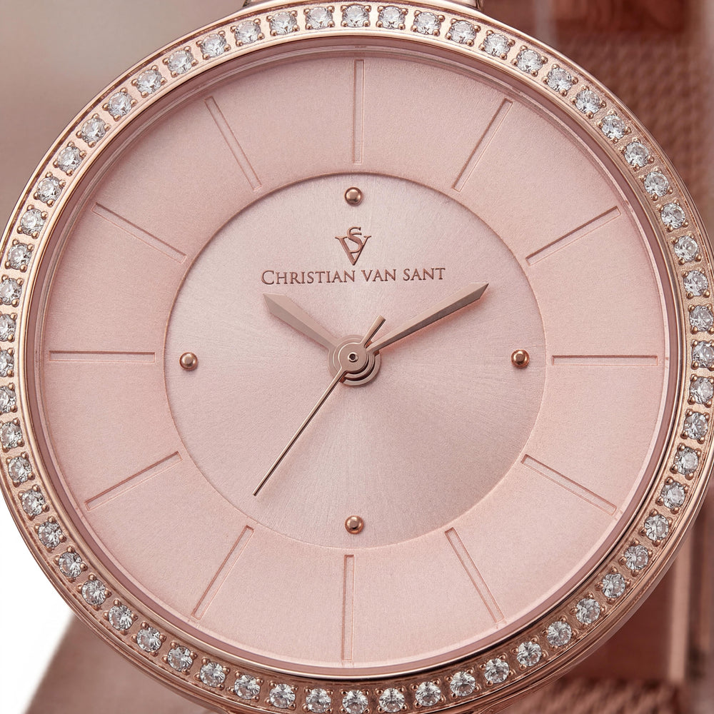 Christian Van Sant CV0223 movimiento de cuarzo para mujer, acero inoxidable oro rosa resistente al agua, caja de 32 mm de diámetro con cristales en el bisel