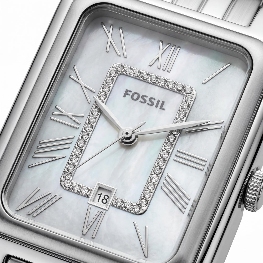 Fossil Raquel ES5306 Reloj de mujer de acero inoxidable plateado con tres manecillas y fecha, esfera de nácar, 26 mm